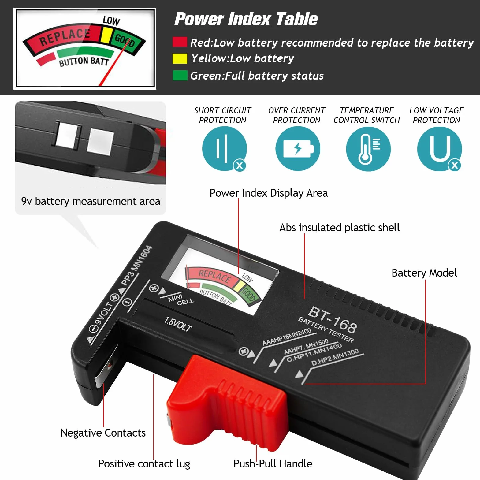 Comprobador de Pilas,Probador de la Batería,Probador Universal de Batería para pilas AA AAA C D 9V 1.5V y Célula del Botón (Negro)
