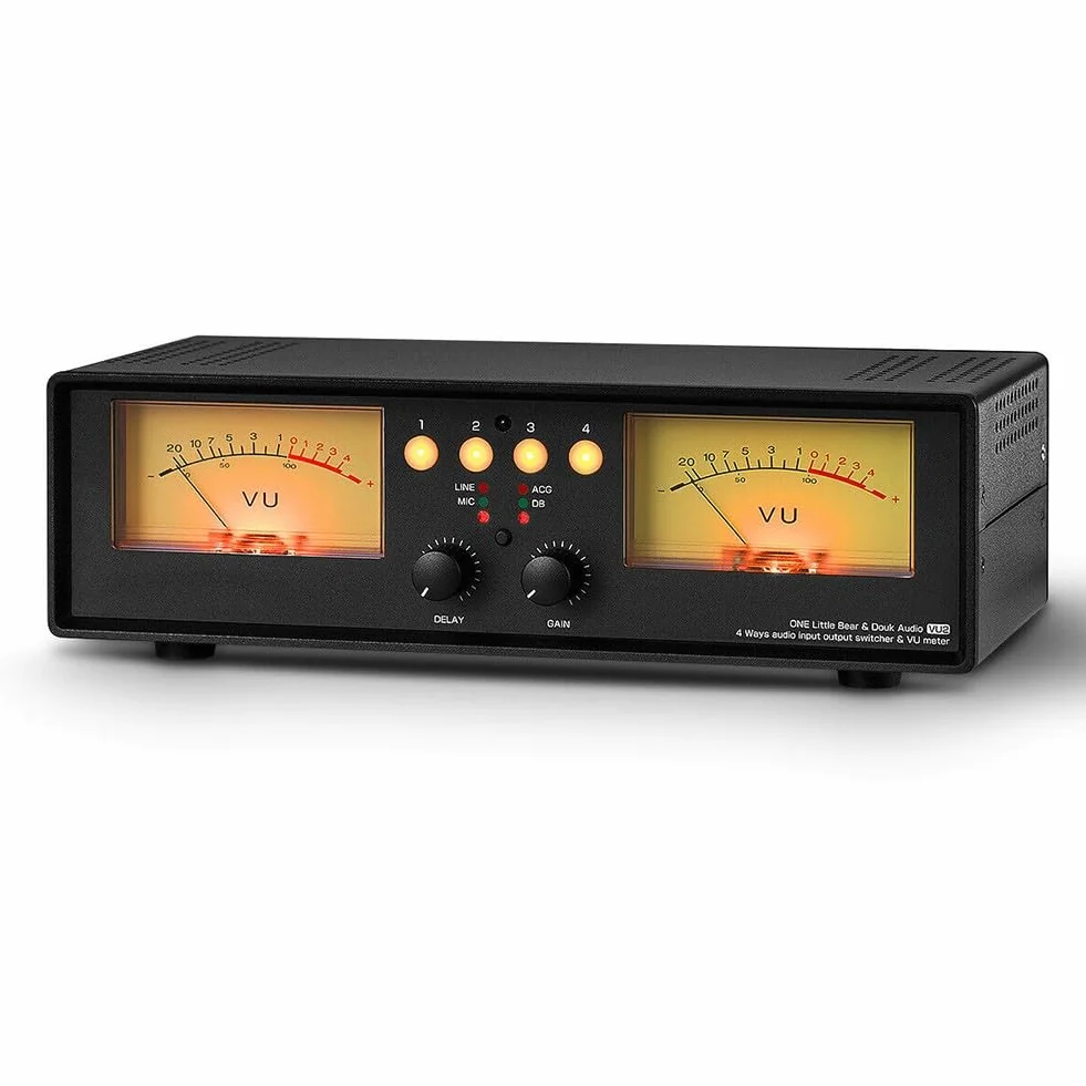 Analógico para medidor dual VU con micrófono de entrada y divisor de audio estéreo, caja de conmutación para oficina en casa, estudio, retroiluminación amarilla/azul