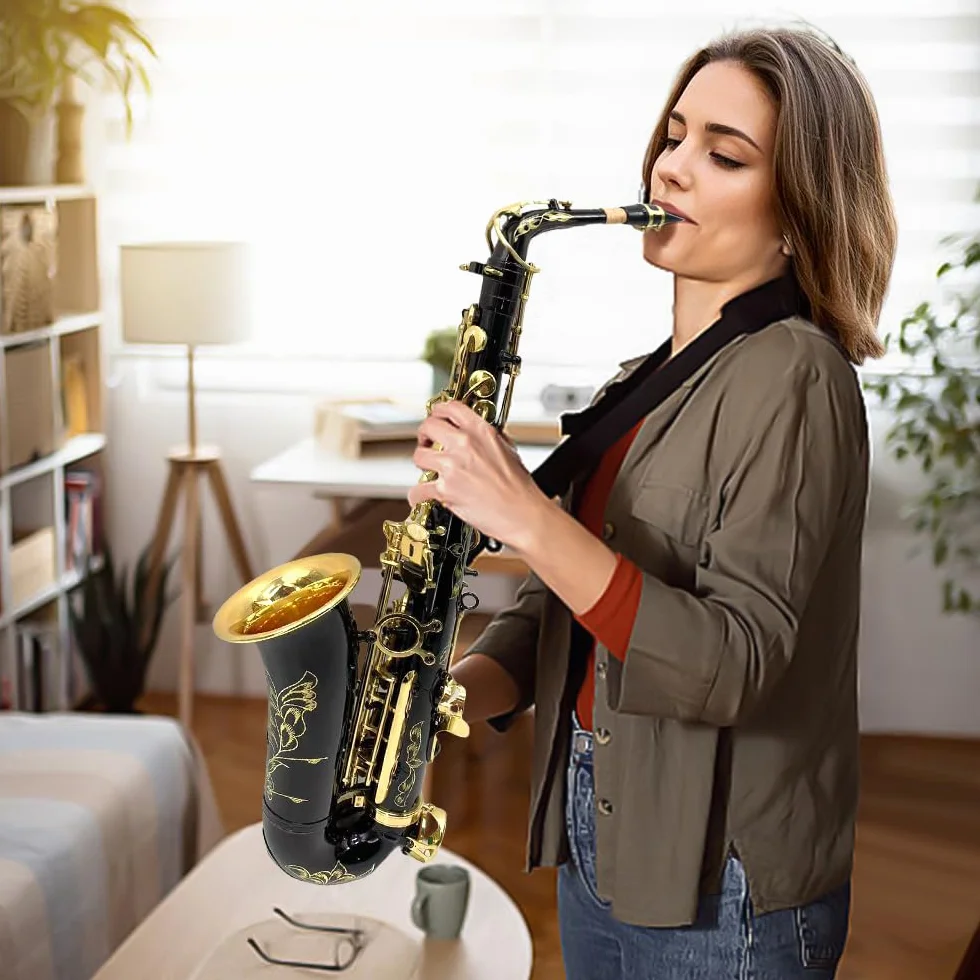 Saxofón alto Eb para principiantes, kit completo de saxofón con funda dura, boquilla, correa para el cuello, lengüetas, kit de limpieza, ideal para estudiantes y profesionales (negro)