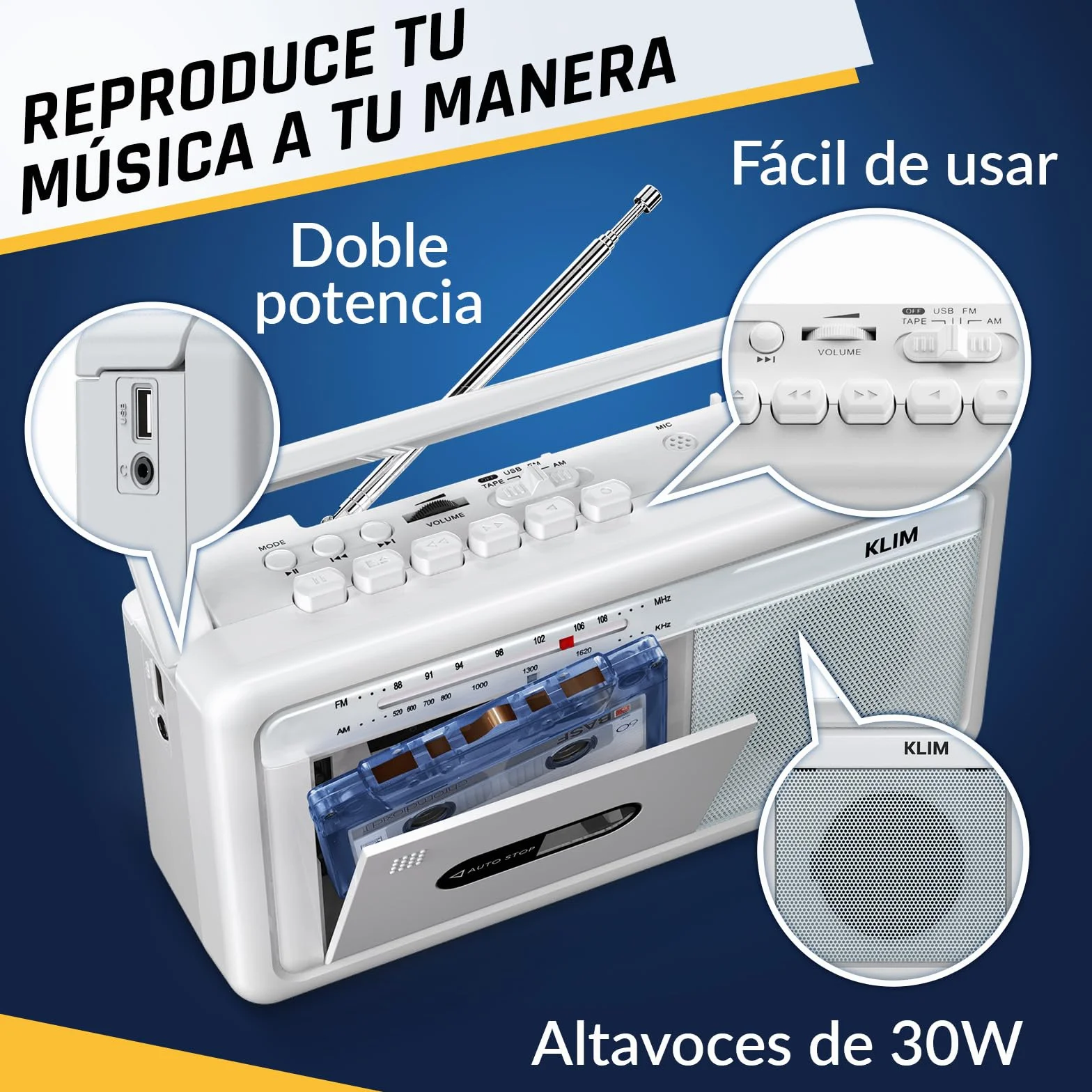 KLIM Boombox Cassette Player AM/FM Radio Bluetooth USB Retro Portable - White Frost