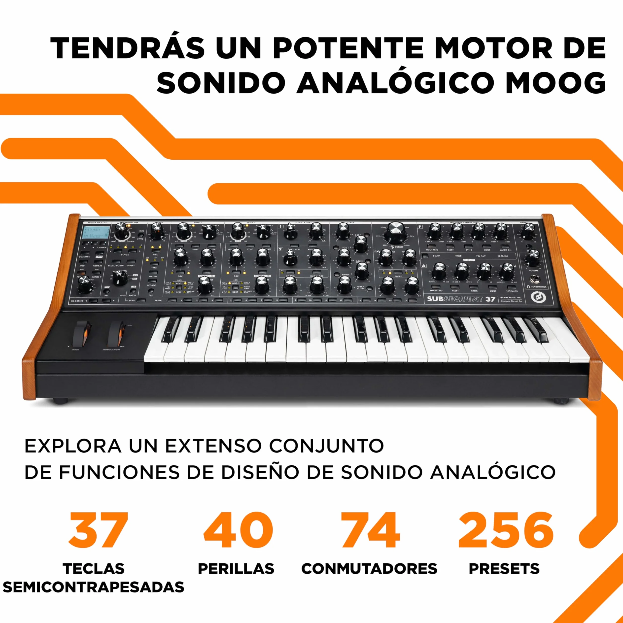 MOOG Subsequent 37 - Sintetizador Analógico Parafónico y Teclado MIDI con 37 Teclas Semicontrapesadas, Ampli de Auriculares, 256 Presets y Editor de Software
