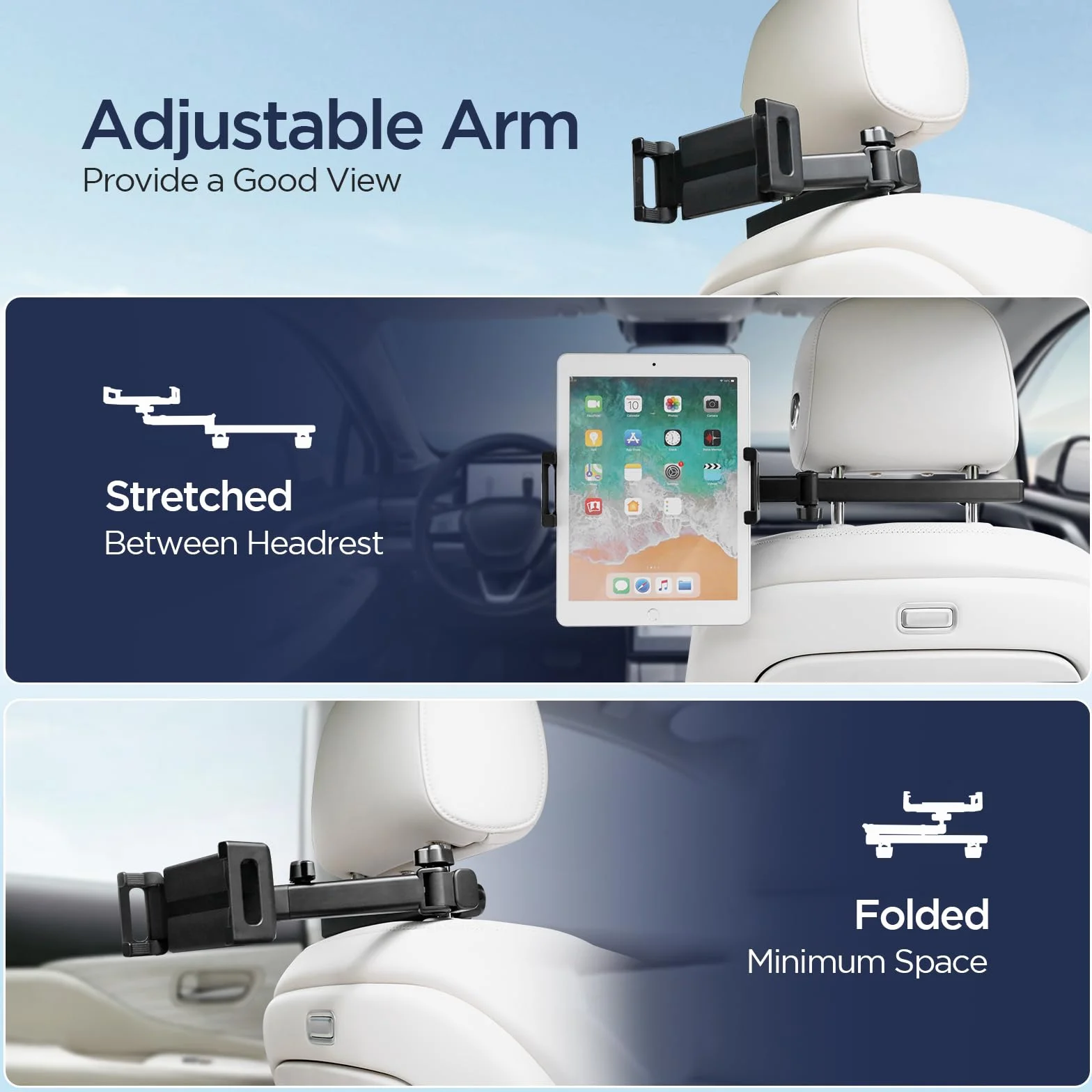 Romon Soporte Tablet Coche, Soportes Coches Reposacabezas Support Extensible Automóvil 360° Rotación para Tablets Niños Asiento Trasero Esenciales para Tablet Móvil Otros Dispositivos de 4.7-13"