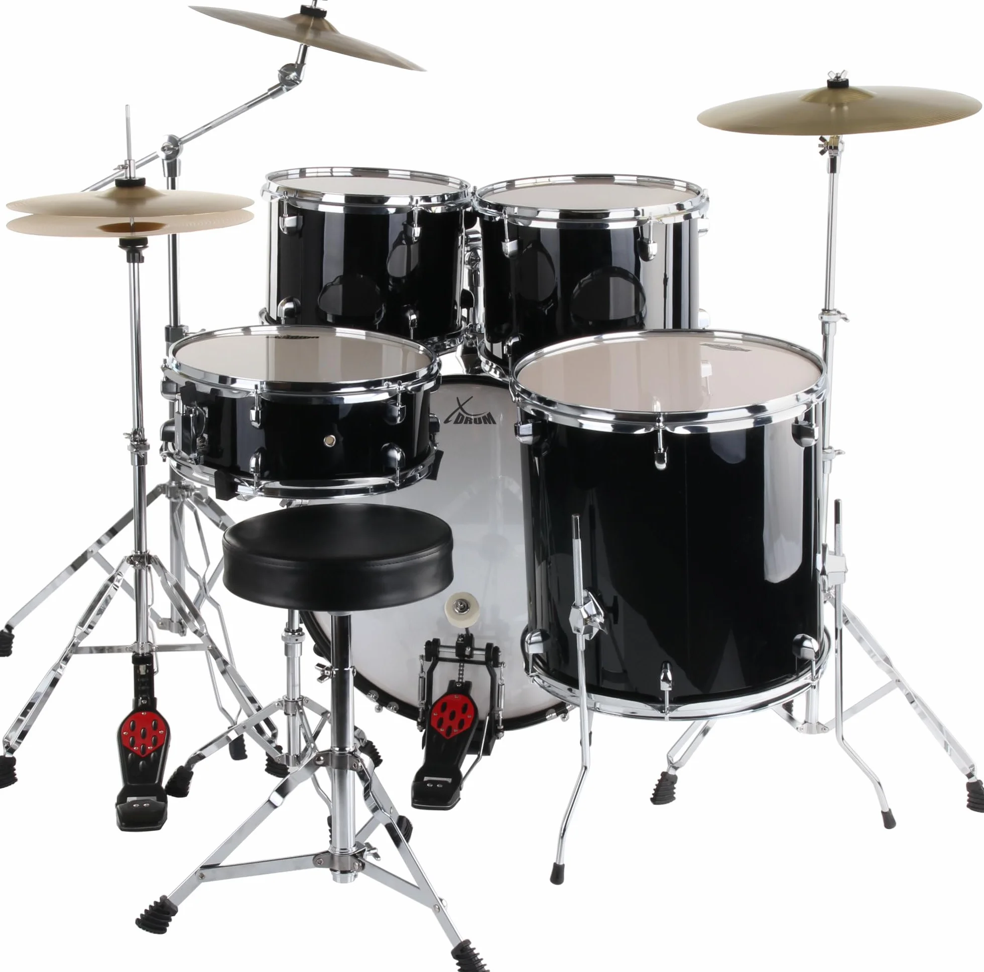 XDrum Semi 20" Studio Batería Midnight Black - 20" BD, 10" TT, 12" TT, 14" FT, 14" SD - Set incl. platillo Crash 16" y soporte de platillo con brazo - Negro