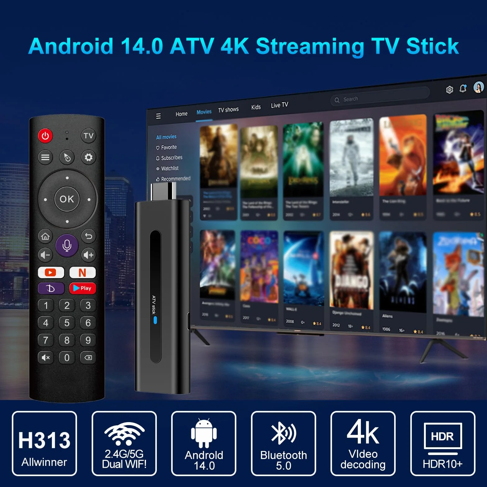 Android TV Stick 4K 2GB 16GB ROM H313 Quad-Core 64bit WiFi5 HDR10+ Smart TV Stick