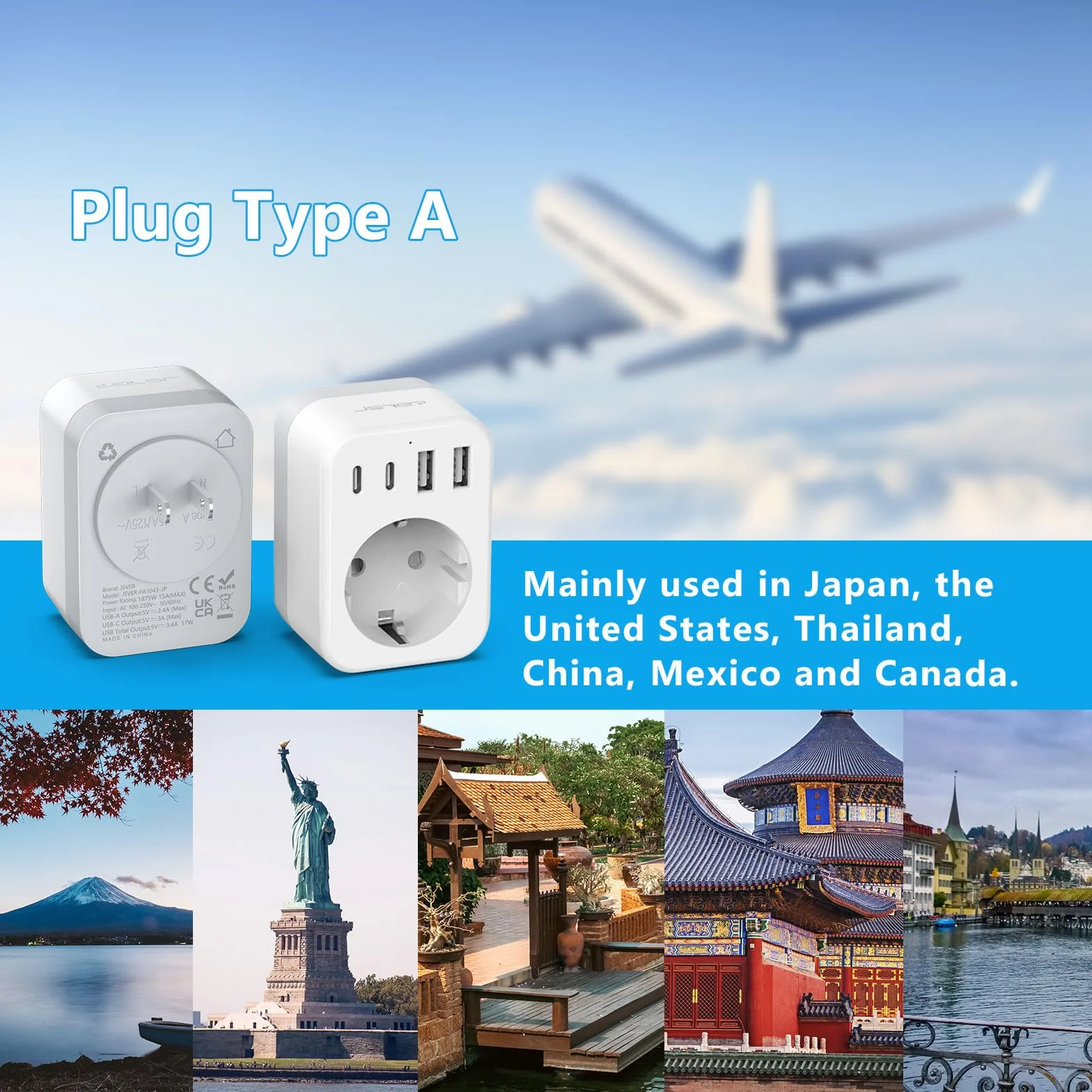 Adaptador Japon, JSVER 5 en 1 Adaptador Enchufe para Japan Tipo A con 2 USB A y 2 USB C, Enchufe de Viaje para Español a Japones,América, México, Canadá, Tailandia-Blanco
