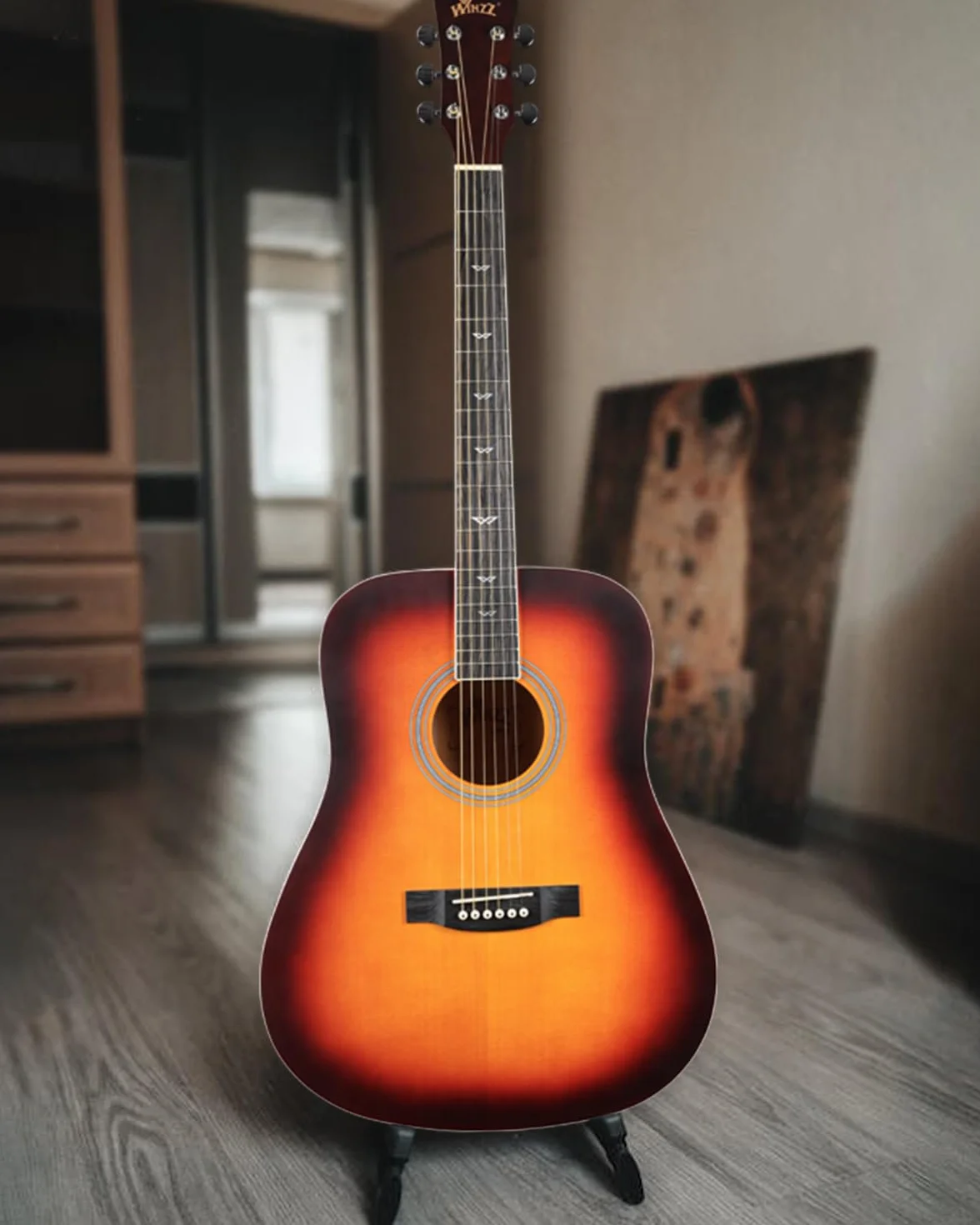 Winzz Guitarra Folk Acústica 4/4 Adulto Sunburst Para Principiantes, Incluye Funda, Afinador, Correa, Púas, Juego Extra de Cuerdas Y Soporte Para Guitarra