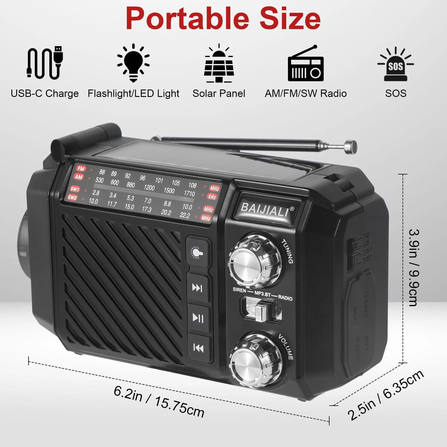 Radio de Emergencia con Manivela y Solar, Radio Portátil Pequeña Am/FM/SW, Linterna LED, SOS, Power Bank 2600mAh Recargable para Supervivencia y Camping - Negro