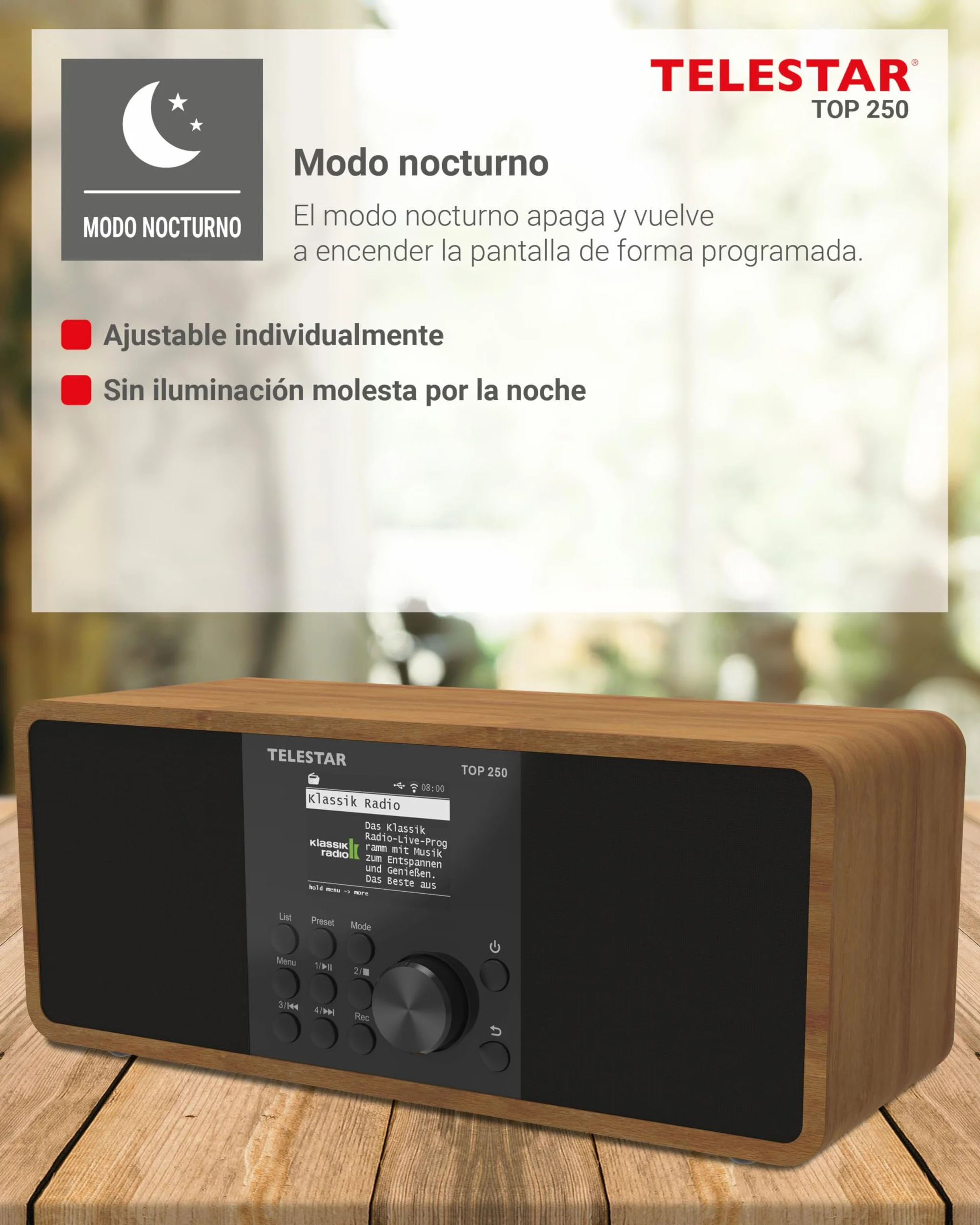 TELESTAR Top 250 – Dab+/Radio por Internet (estéreo, 2 × 10 W, Bluetooth Audio-Streaming & función de envío, grabación USB, Sistema de Emergencia, Control por App) – Madera