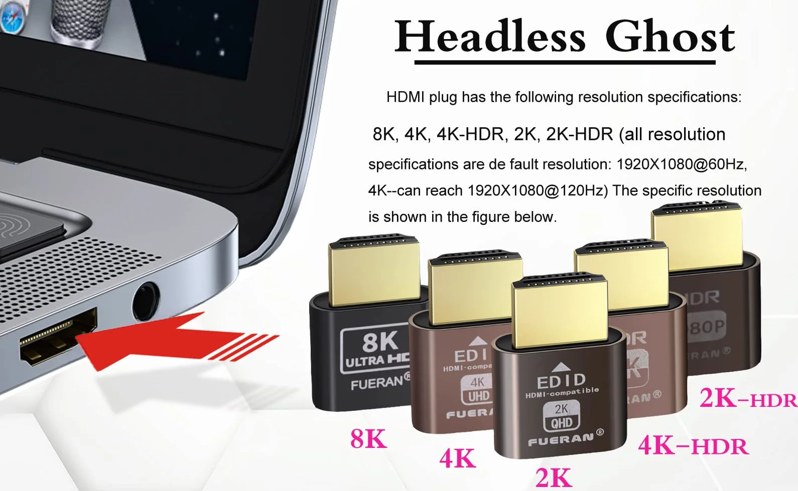 2K 4K 8K HDMI Dummy Plug-Virtual Monitor Display Emulator Headless Adapter 3840x2160@60Hz 1080@120HDR DVI EDID Emulator (2K-1080@60 HDR)
