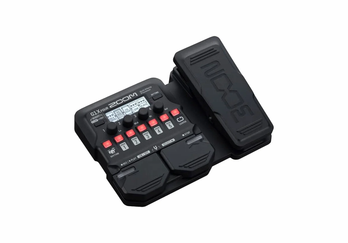 Zoom G1X FOUR Pedal multiefecto para guitarra con pedal de expresión, con 70+ efectos, modelado de amplificadores, looper, caja de ritmos, afinador, alimentado por pilas