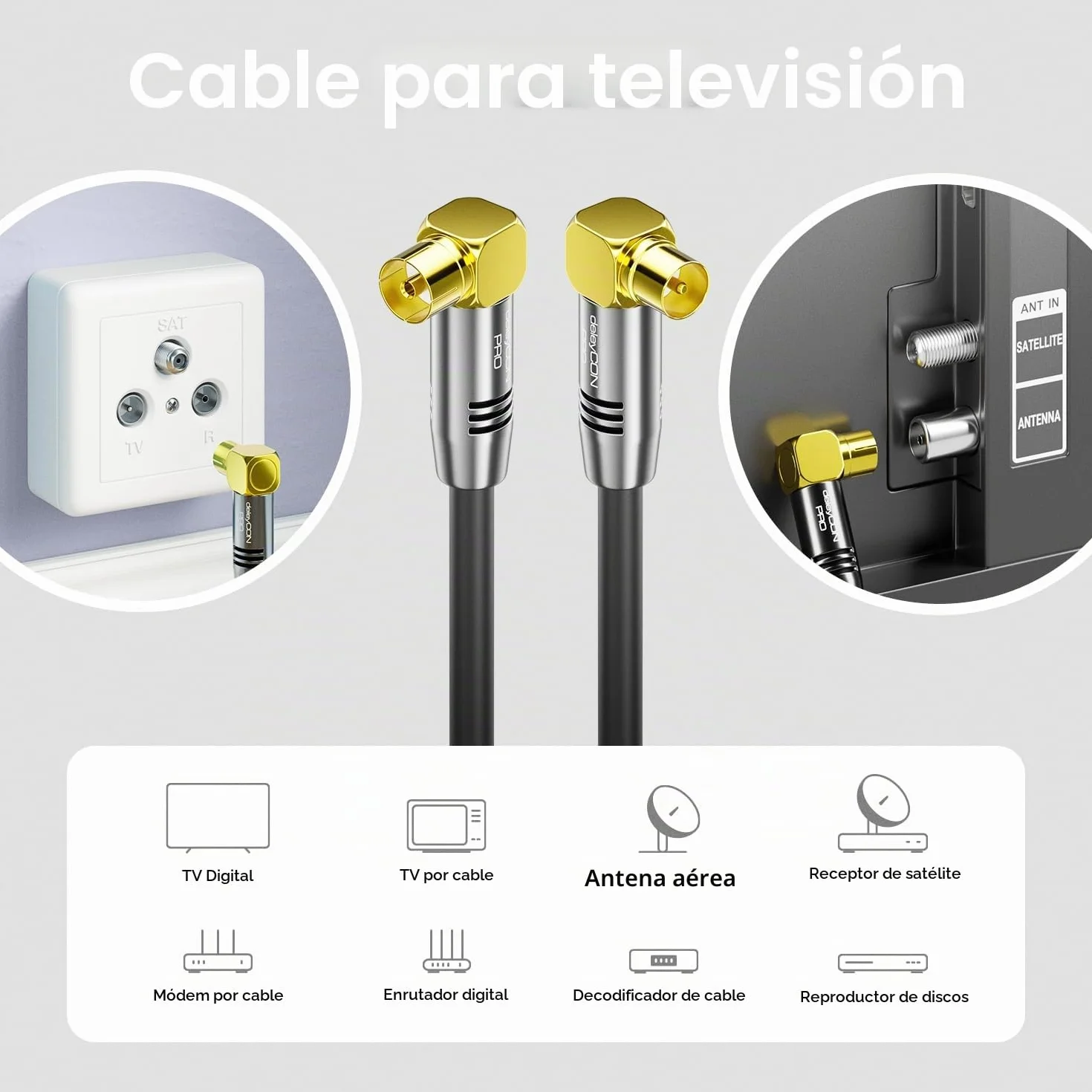 deleyCON 1,5m Cable de Antena TV 4K - 4K Ultra HD Full HD HDTV - 2x Acodado - Cable Coaxial - Conector IEC (90°) a Toma IEC (90°) - Conectores Metálicos - Negro