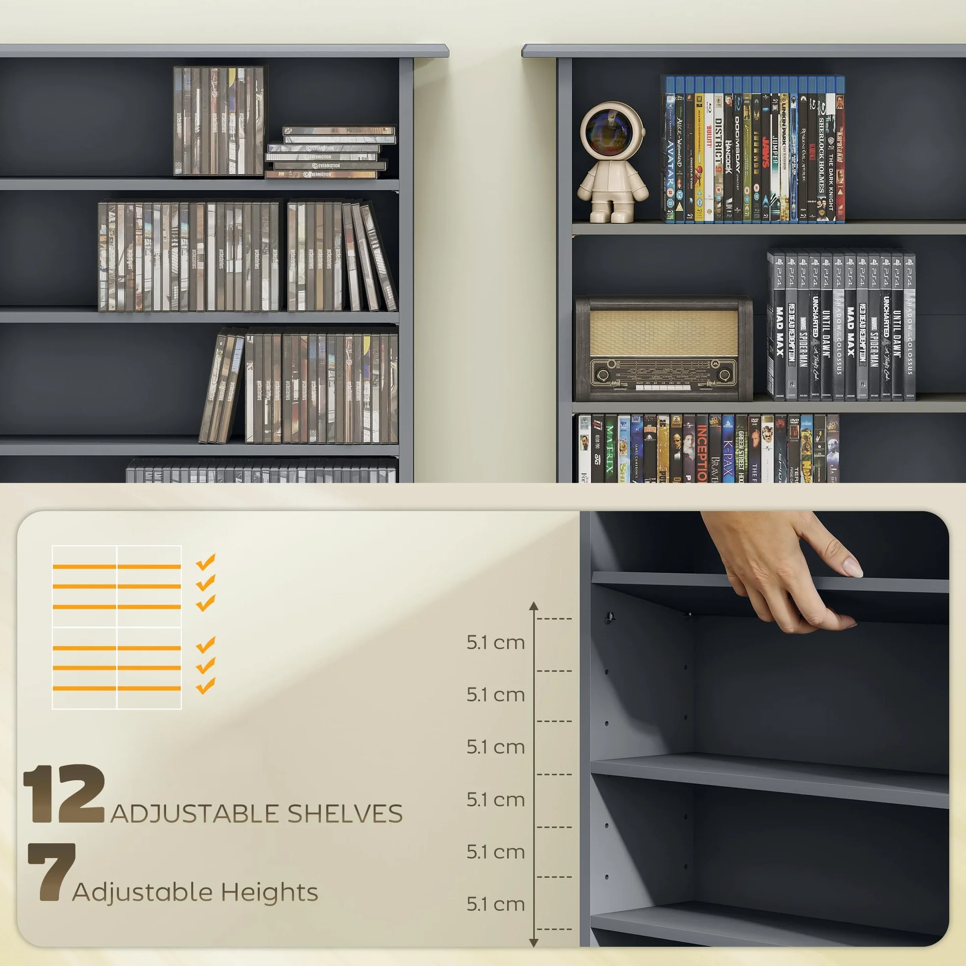 HOMCOM 720 CD/396 DVD Storage Unit, 396 Blu-ray Media Storage Shelf with 16 Compartments and 12 Adjustable Shelves, CD Tower for Living Room, Bedroom, Office, Gris