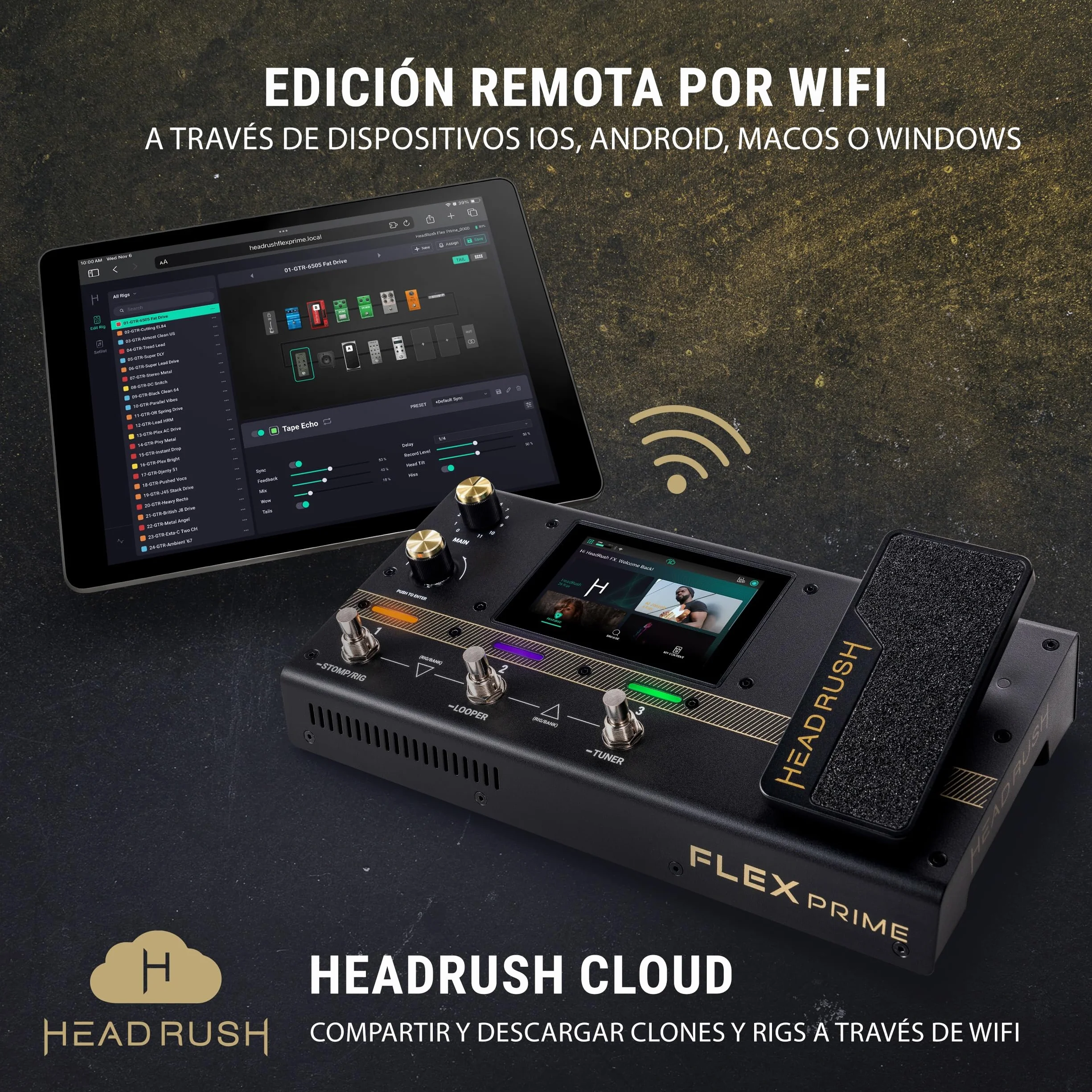 HeadRush Flex Prime - Pedal Multiefectos para Guitarra y Bajo y Procesador de Modelado de Amplis con Pantalla Táctil, Looper, WiFi, Bluetooth y USB