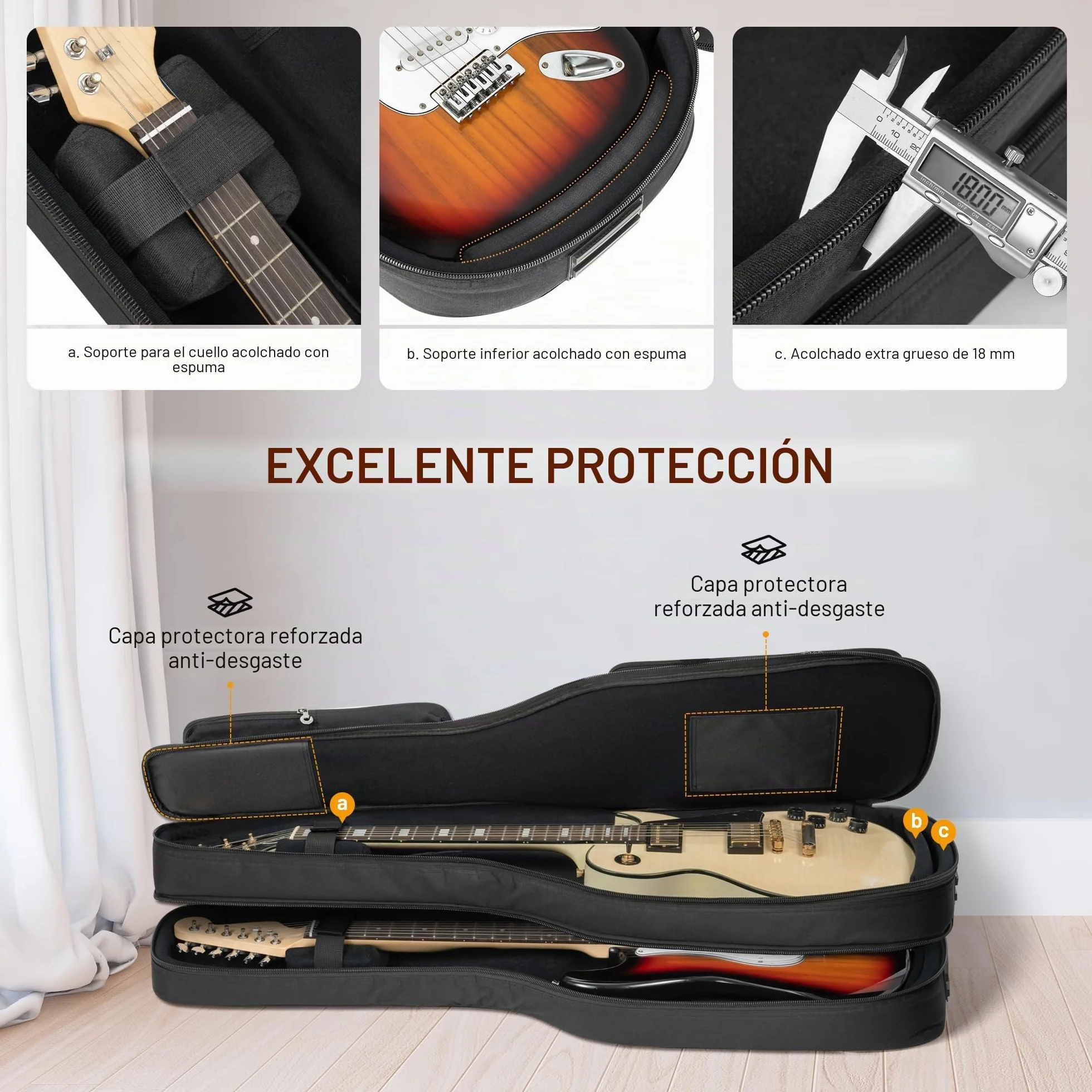 CAHAYA Bolsa para Doble Guitarra Eléctrica: Funda Suave Premium con Acolchado de 18 mm Compatible con ST (Stratocaster), LP (Les Paul) y Tele (Telecaster) con Bandas Reflectantes, Modelo CY00378-1