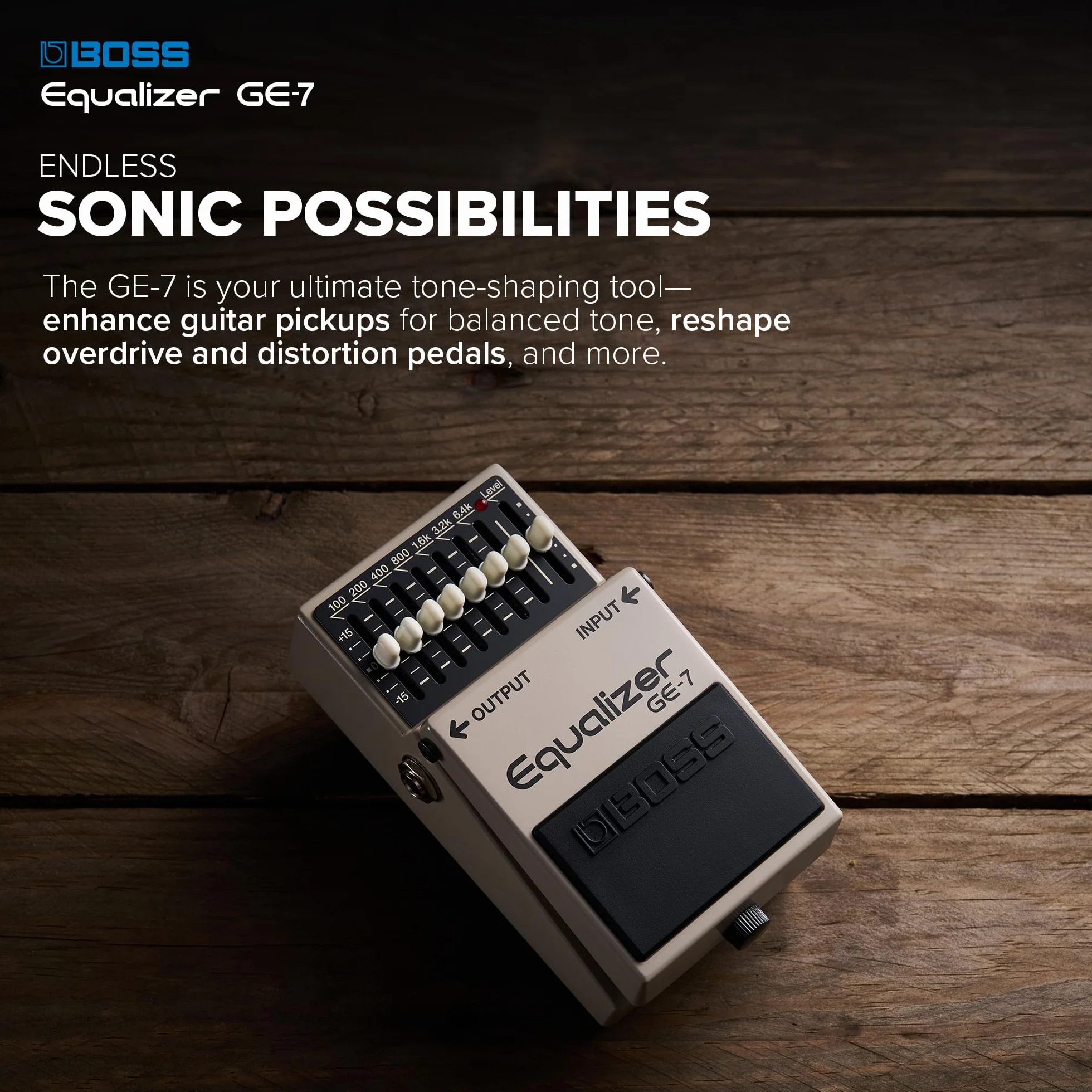 Pedal ecualizador de 7 bandas BOSS GE-7 — Pedal ecualizador compacto de 7 bandas con deslizadores de EQ ajustable