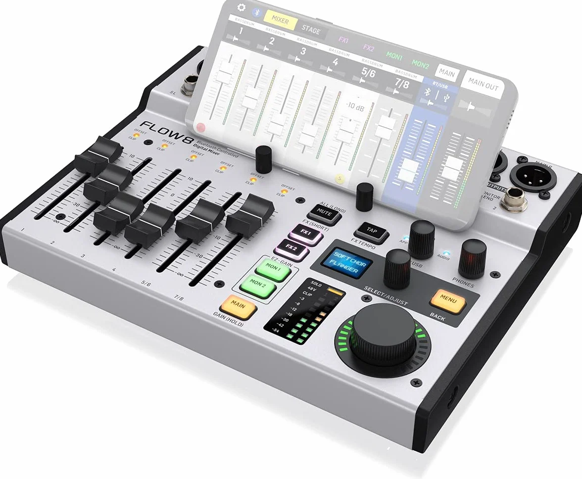 Behringer FLOW 8 Mezclador Digital De 8 Entradas Con Control De Audio Y De Aplicaciones Por Bluetooth, Faders De Canal De 60 Mm, 2 Procesadores De Efectos Y Una Interfaz USB/De Audio