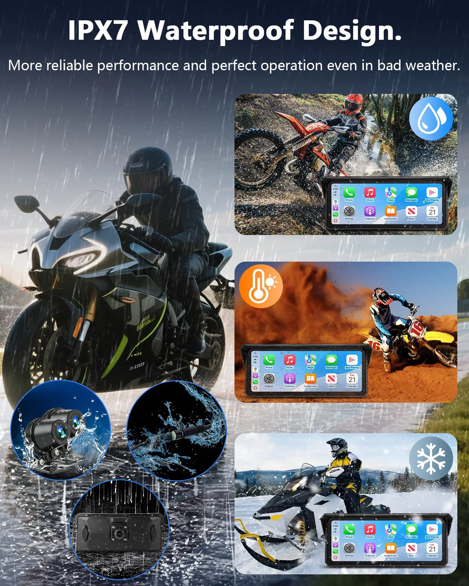 Jansite Cámara de salpicadero 4K de 8,1 pulgadas para motocicleta, pantalla CarPlay Android Auto, navegador de motocicleta IPX7 resistente al agua, GPS dispositivos de navegación para motocicletas con