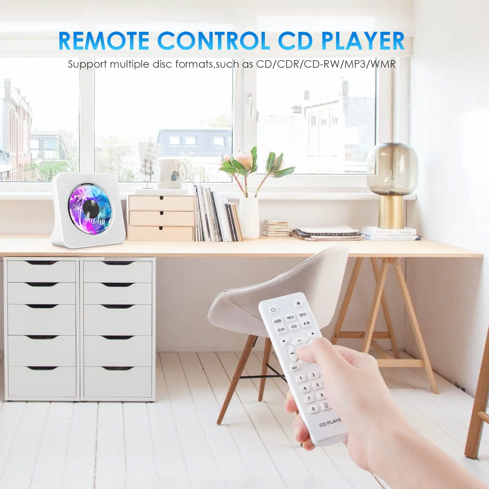 Gueray Reproductor de CD Portátil Bluetooth Montaje en Pared Altavoces HiFi Dobles Radio FM (Blanco)