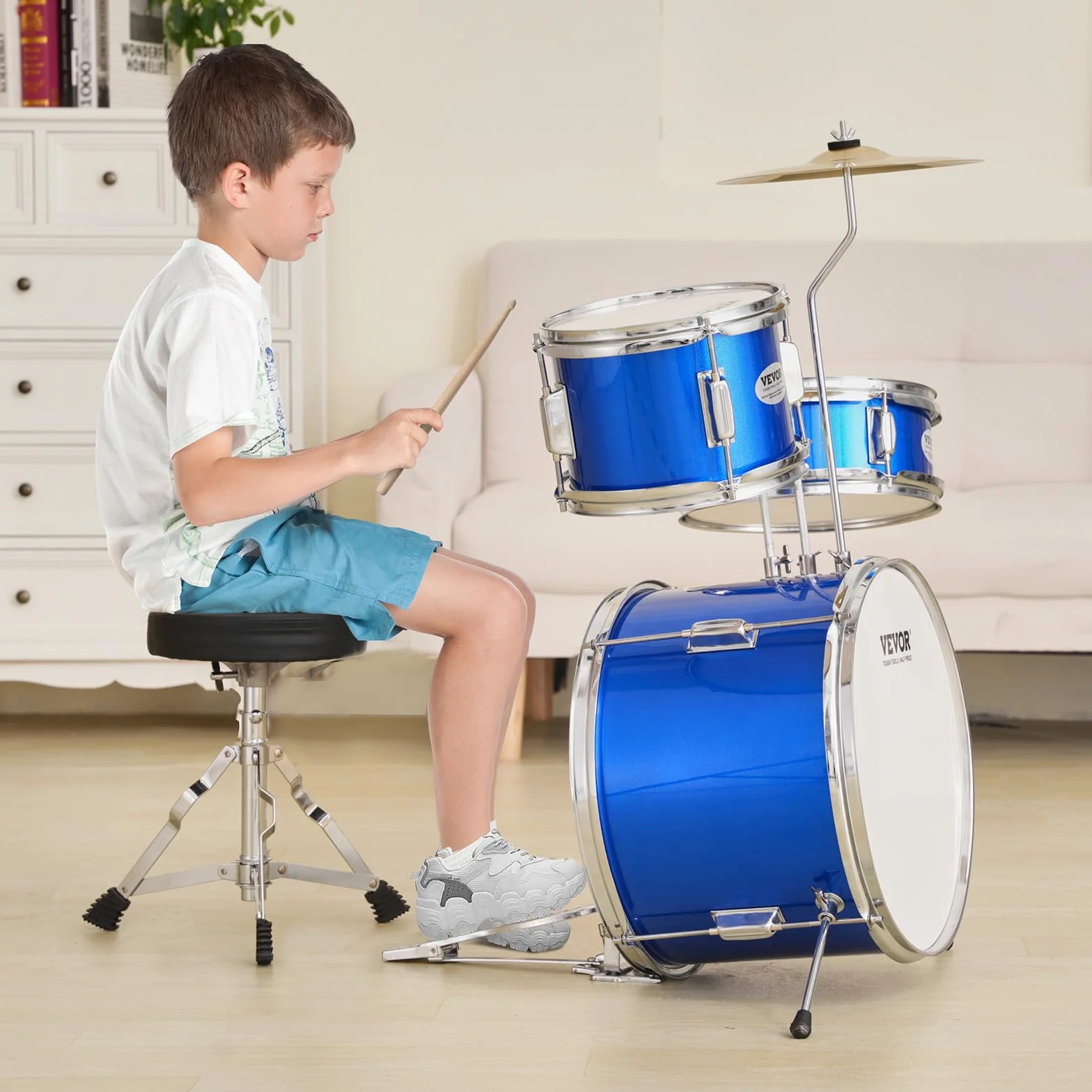 VEVOR Juego de Batería para Niños, 3 piezas, Juego de Batería para Principiante con Pedal de Platillo de Trono Ajustable dos Pares de Baquetas, Tom, Caja, Bombo, Kit de Batería de Iniciación, Azul