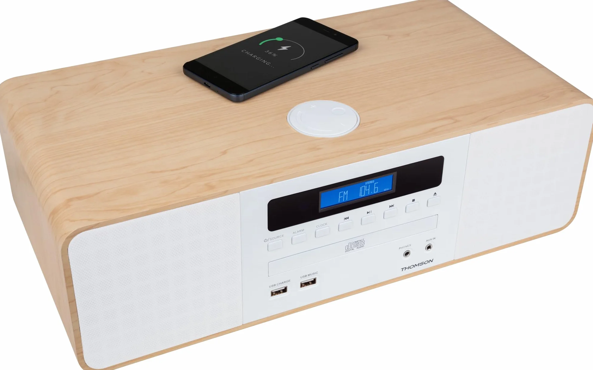 Thomson MIC201IBT - Microcadena cd bluetooth, compacta HiFi, cargador por inducción, radio FM, reproductor cd, USB reproductor, puerto de carga USB, toma auricular, AUX-IN, 50W, mando a distancia.