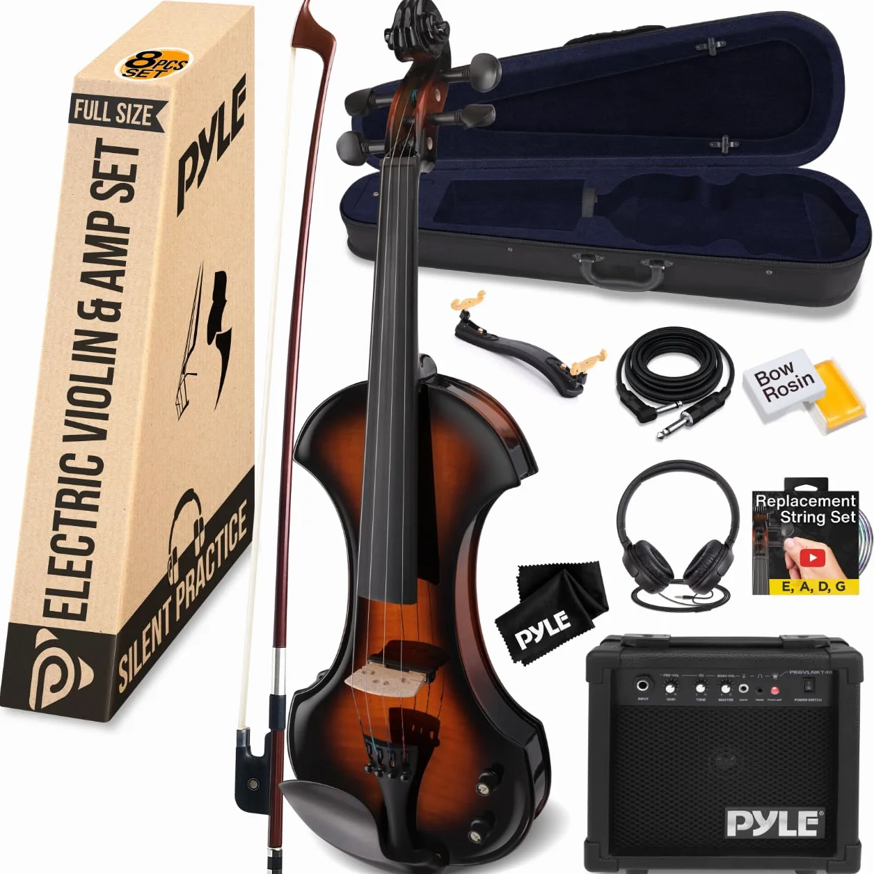 Pyle violin electrico, Silencioso, De tamaño Completo 4/4, Estuche duro, Arco, Accesorios de ebano y afinador digital