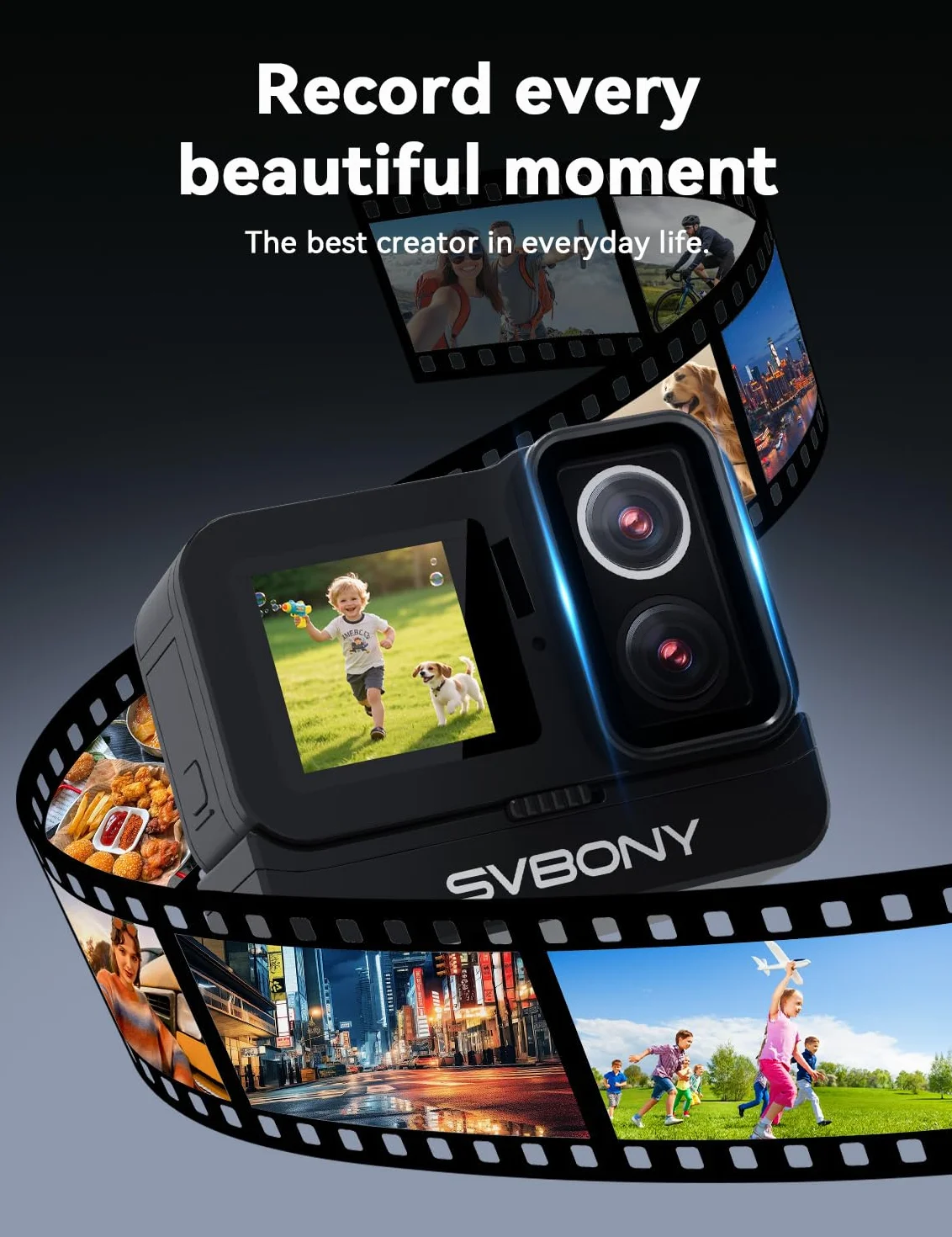 SVBONY SVGo Cámara de Acción 4K30FPS, Lente Dual F2.0/F1.4, Pantalla IPS Dual, Visión Nocturna, Liberación Rápida Magnética, EIS, Resistente al Agua Hasta 30m, Batería de 1860mAh (2 Horas de Duración)