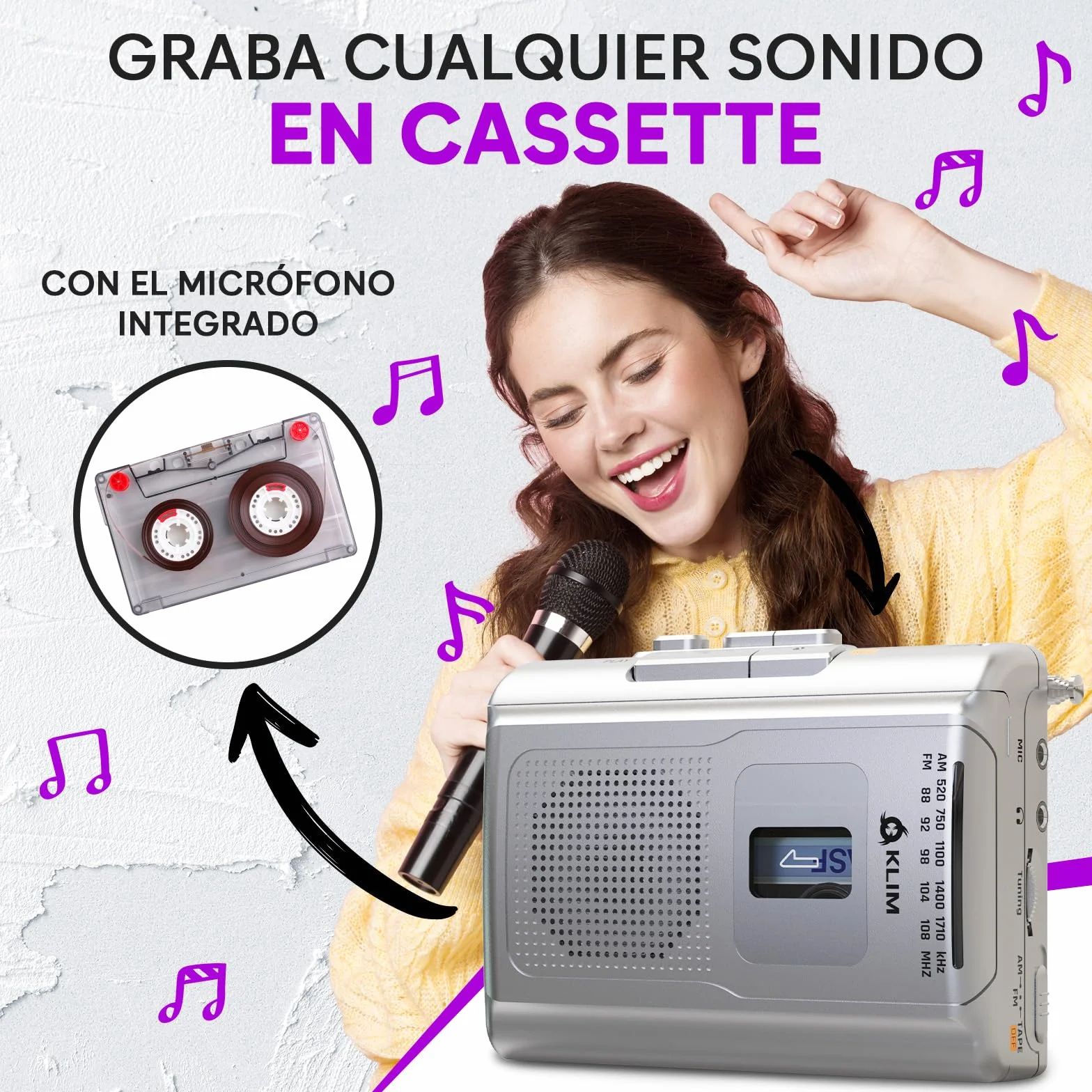 KLIM K8 Reproductor Cassette - Radio AM/FM - Micrófono y Altavoz Integrados - Plata