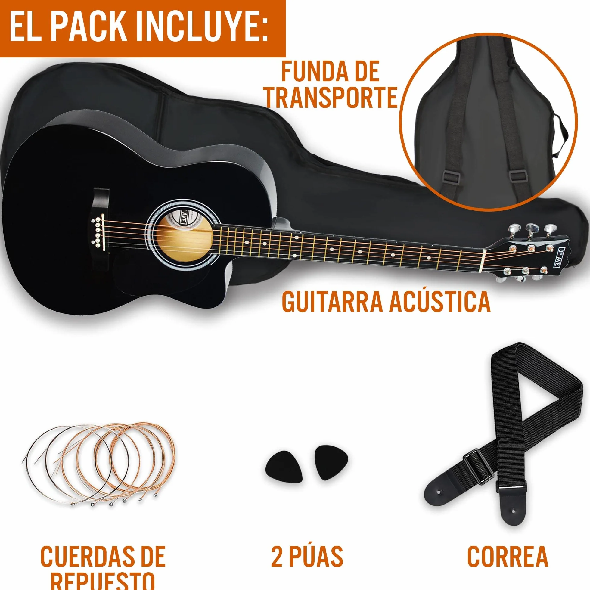 3rd Avenue Pack de guitarra acústica con cortadura de tamaño estándar 4/4 para principiantes de 3rd Avenue, funda de transporte, púas y cuerdas de repuesto, Negro