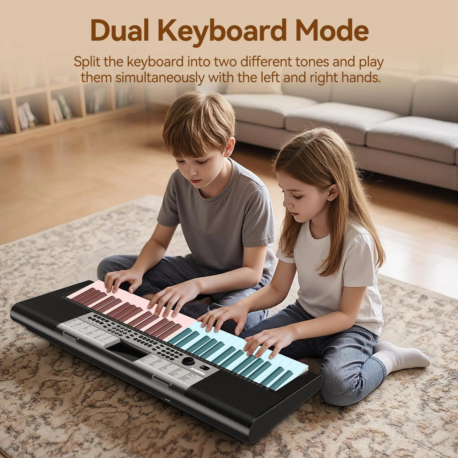 TERENCE piano digital 61 teclas, doble sistema de audio HiFi y panel multifunción 51 LED, interfaz modo doble teclado doble alimentación adaptador batería puertos de audio Pro