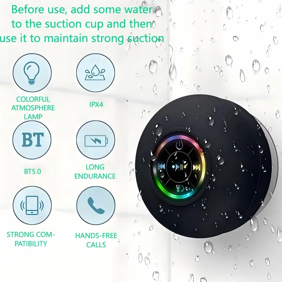 Altavoz Bluetooth Inalámbrico con Ventosa Impermeable Portátil Mini Speaker Luz LED Bass Estéreo