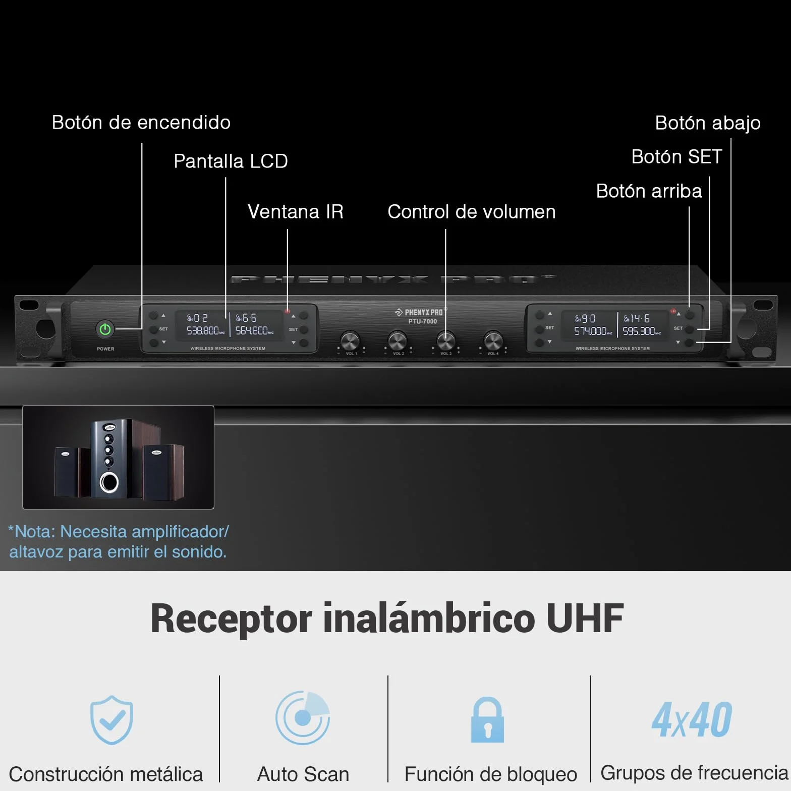 Phenyx Pro Sistema de micrófono inalámbrico Cuatro Canales, con 4x40 Frecuencias UHF, Auto Scan, 328ft de Largo Alcance, 4 micrófono dinámico de Mano para Cantar, Iglesia, Karaoke (PTU-7000-4H)