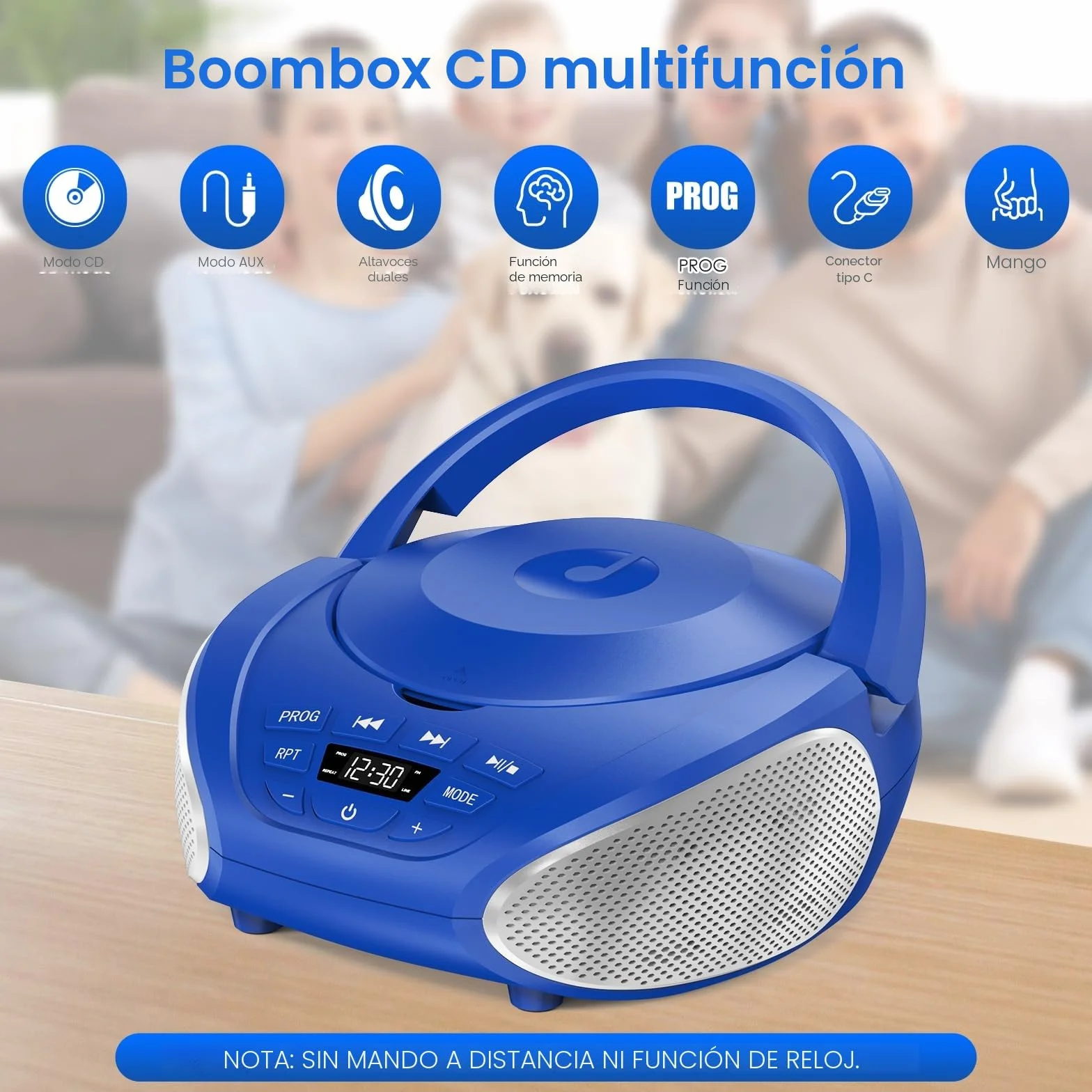 Gueray Reproductor CD Portátil Boombox Radio FM Estéreo con Altavoces Entrada AUX 3.5 mm Pantalla LCD Azul Plata