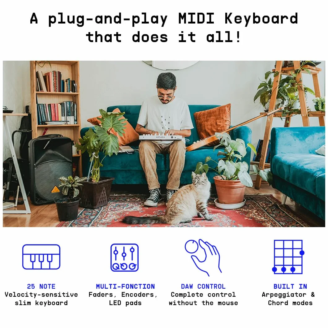 Arturia - MiniLab 3 - Controlador MIDI Universal para Producción Musical, con Paquete de Software Todo en Uno - 25 Teclas, 8 Pads Multicolor - Negro