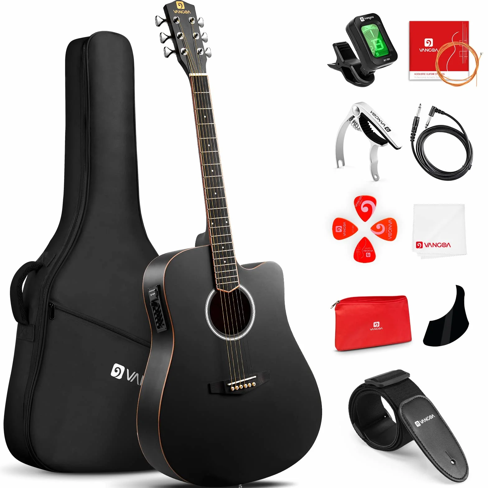 Vangoa 4/4 Guitarra Electroacústica 41 Pulgadas Cutaway Guitarras Acústicas con Cuerdas Metálicas, Ecualizador de 4 bandas, Kits Para Principiantes, Negro