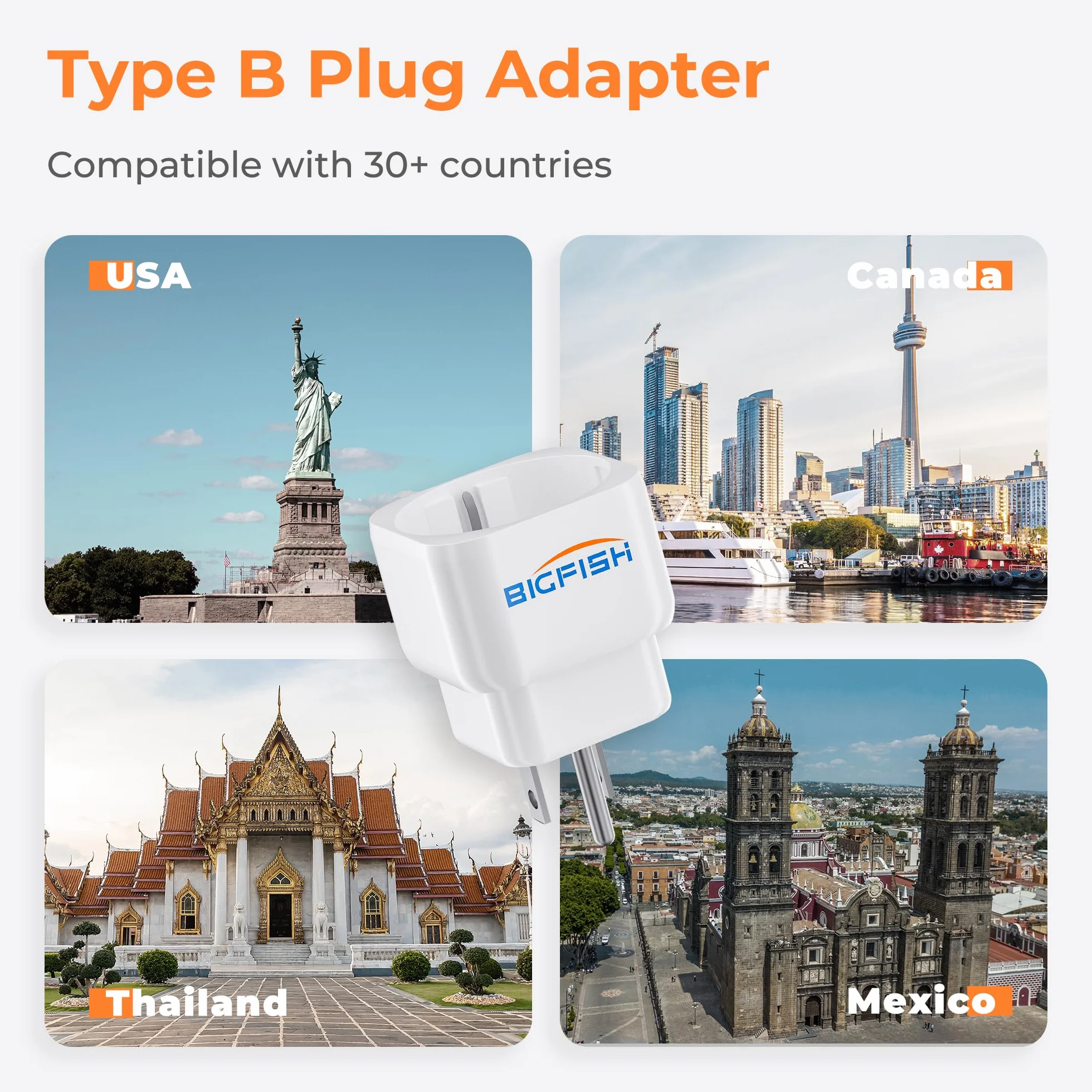 Bigfish Adaptador Enchufe USA Tipo B 2 Piezas, Adaptador Enchufe Americano – De 2-Pin Europa a 3-Pin Estados Unidos, Canadá, México y Tailandia