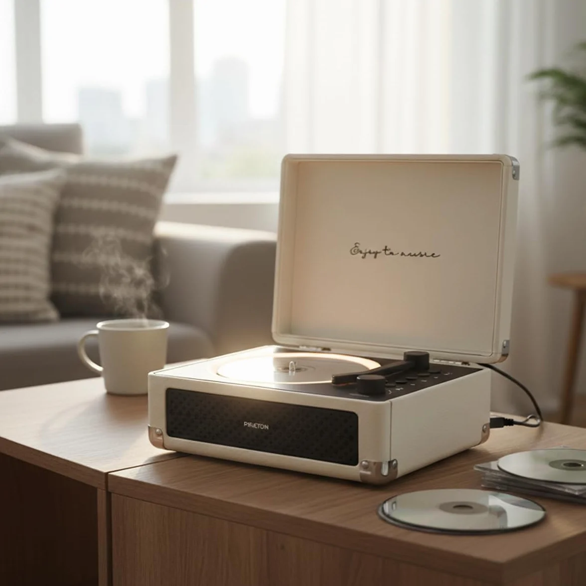 PRIXTON Reproductor CD Portátil Boogie con Bluetooth, Radio FM y AUX, Altavoz 6W (2x3W), Compatible CD/MP3/WMA, Batería Recargable 3000 mAh, Salida Auriculares, Diseño Maletín (Crema)