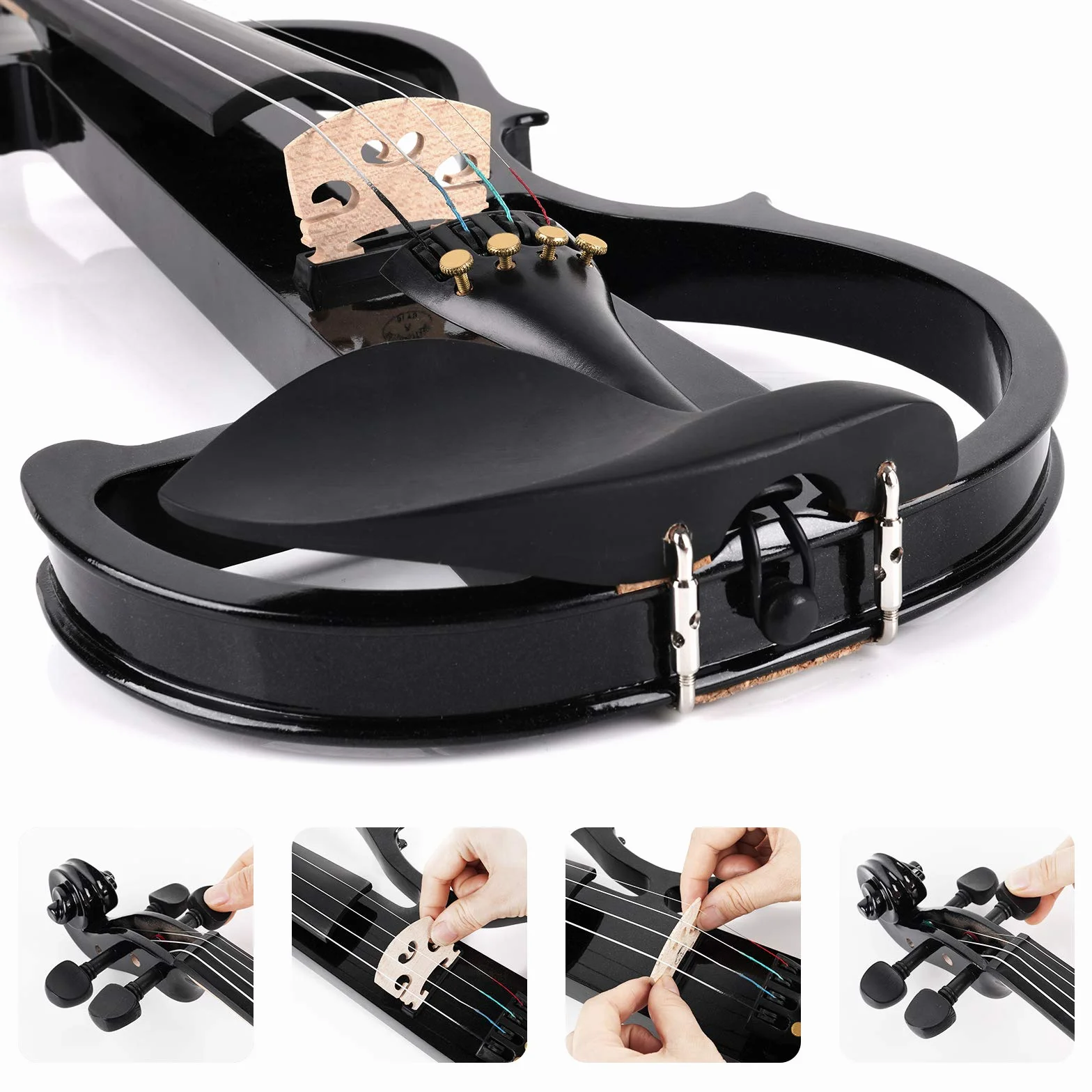 Vangoa Violín eléctrico de tamaño completo 4/4, violín eléctrico silencioso negro de madera maciza con accesorios de ébano, kit para principiantes para adultos y adolescentes