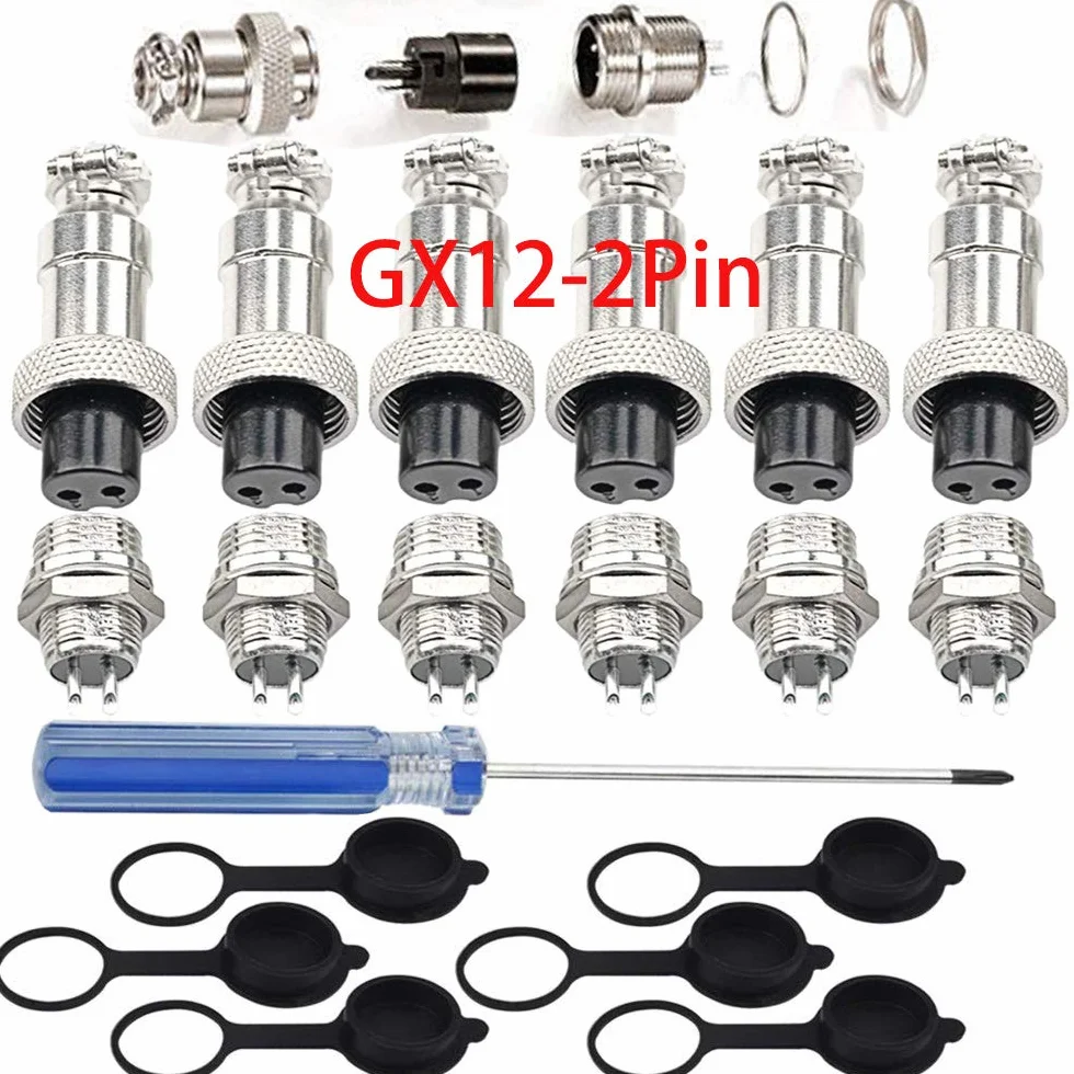 RUNCCI-YUN 6Pcs GX12-2Pin Aviación Conector, 5A Aviación Enchufe, 12MM Rosca Metal Macho Hembra Panel Aviación Conector Enchufe, con Goma Tapa Protectora y Destornillador Phillips