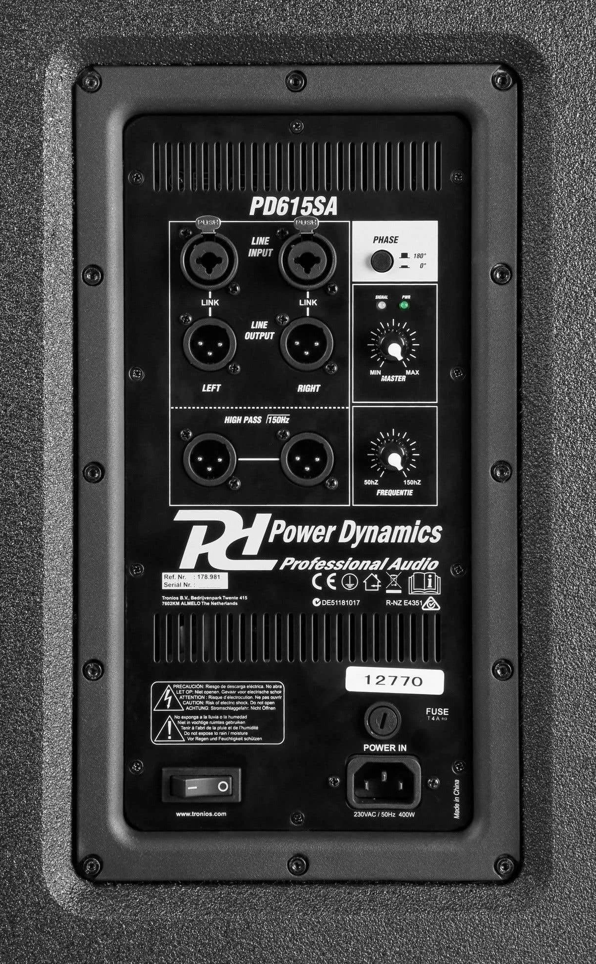 Power Dynamics PD615SA subwoofer Activo 15" 1000W con Amplificador Clase D Crossover Ajustable Fase 0-180° entradas XLR SPL 128dB Carcasa Robusta para DJ y Eventos