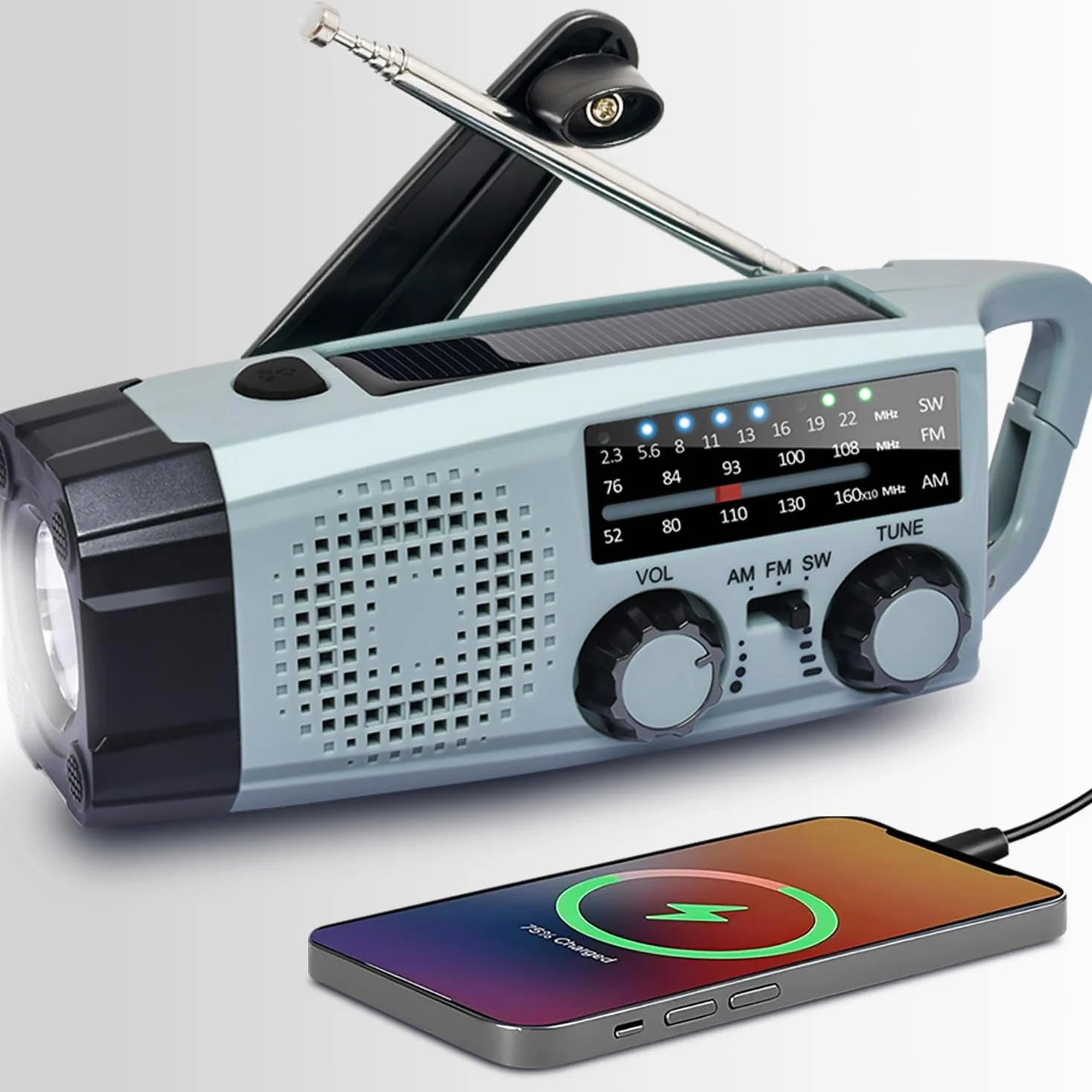 Radio Solar de Emergencia con Manivela, FM/AM/SW Portatil, Linterna LED 2000mAh Powerbank, SOS Alarma, IPX5