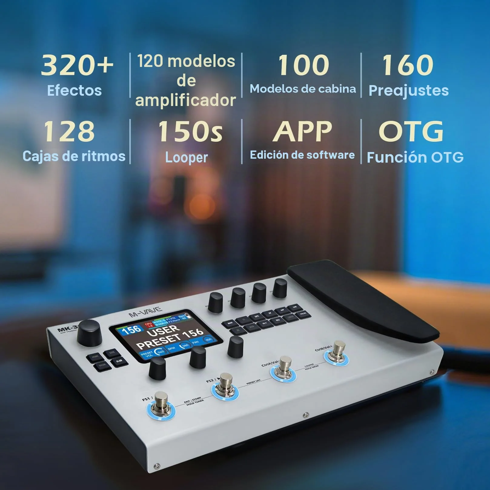M-VAVE MK-300 Modelador de bajo y guitarra AMP y procesador de efectos con más de 320 efectos, 160 preajustes, Looper, máquina de ritmos, batería USB/BT 10H para grabación en directo/grabación