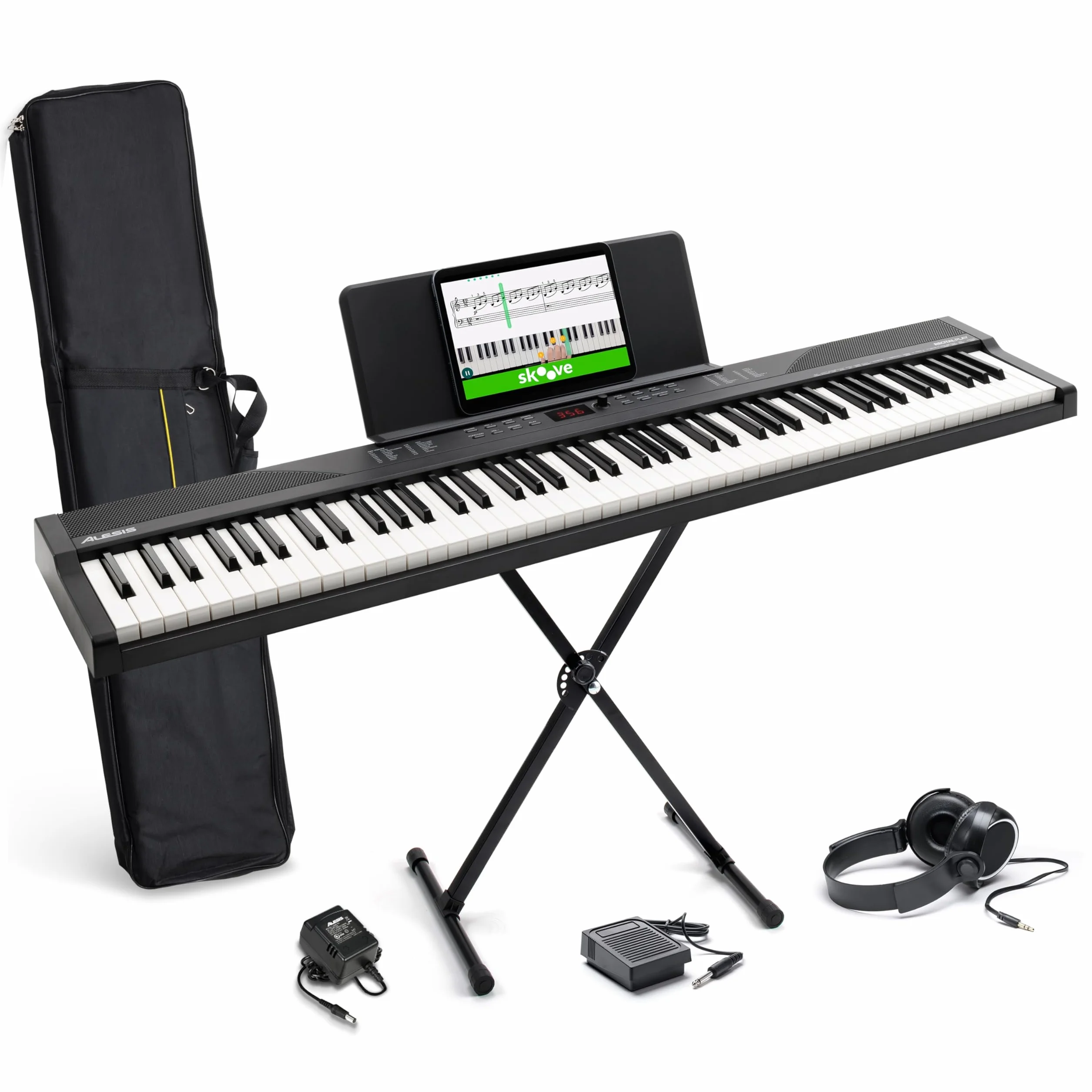 Alesis Teclado Piano con 88 Teclas y 480 Sonidos, Altavoces, MIDI USB, Estuche, Soporte, Auriculares, Pedal y Lecciones de Piano Incluidas