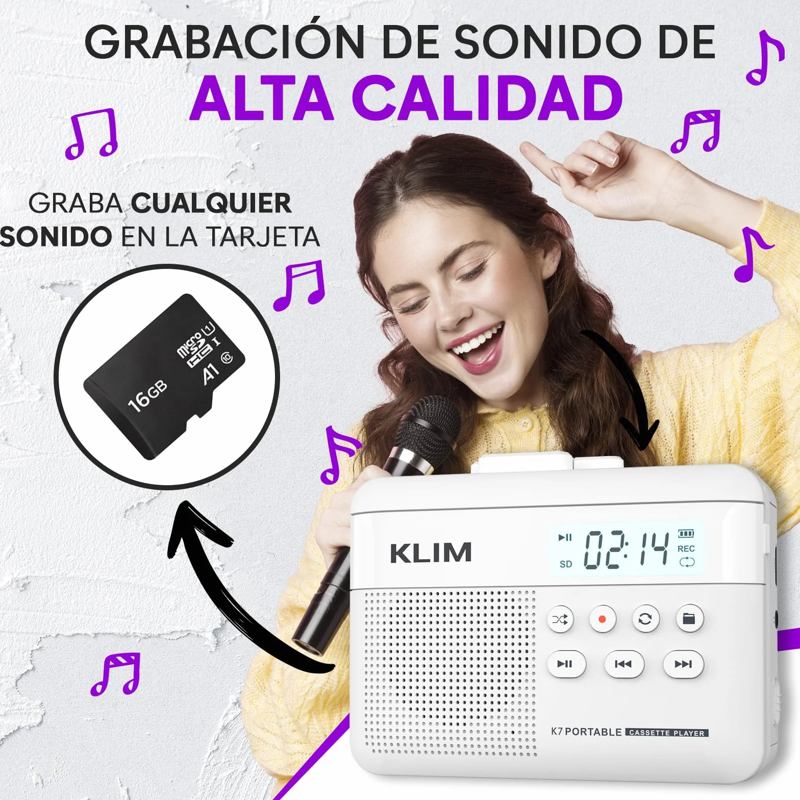 KLIM K7 Reproductor Cassette a MP3 Portátil con Micrófono y Altavoz Integrados Batería Recargable Tarjeta SD 16 GB Blanco