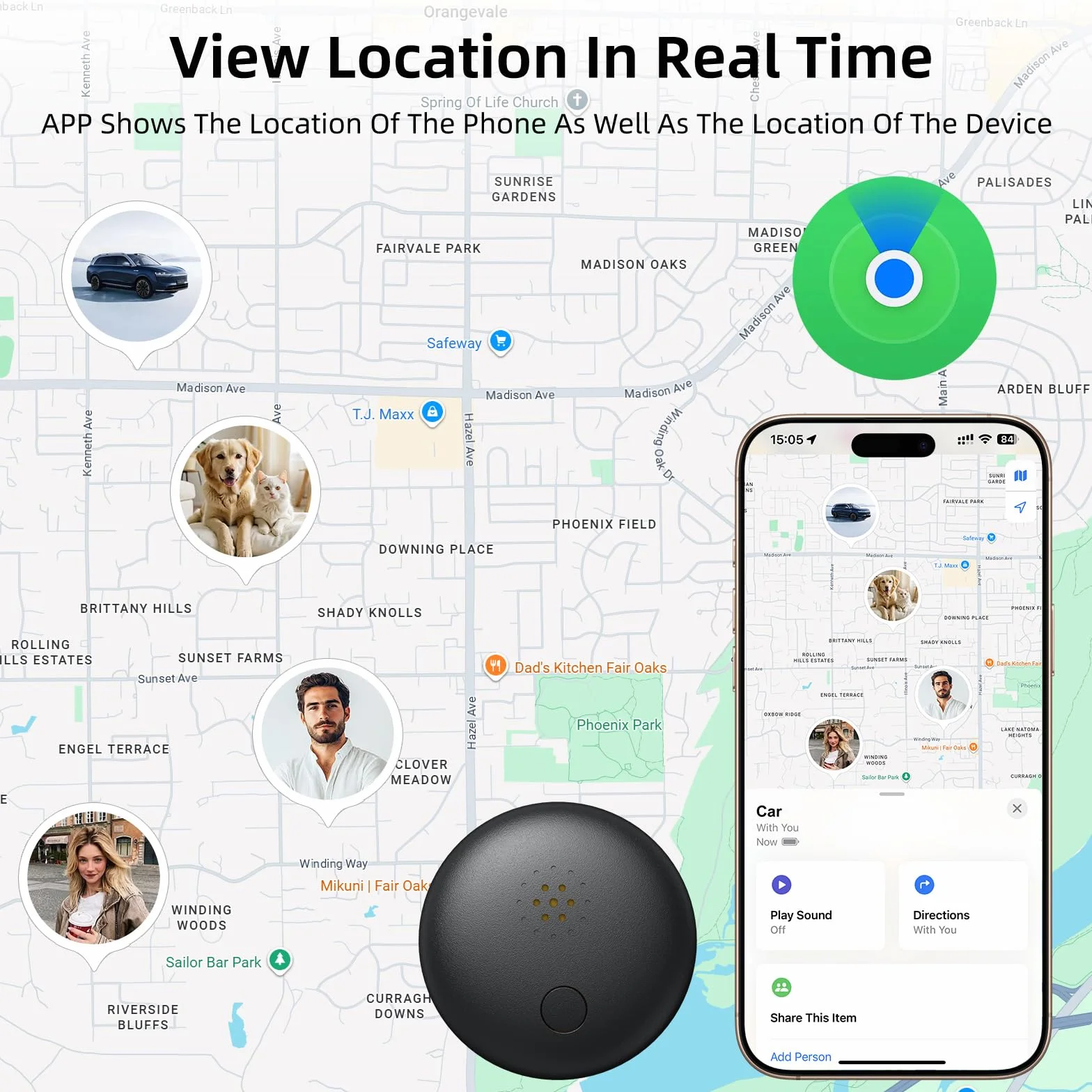 Localizador GPS sin Suscripción – Rastreador Pequeño Magnético para Coche, Moto, Niños, Perros – Compatible con iOS – Batería reemplazable