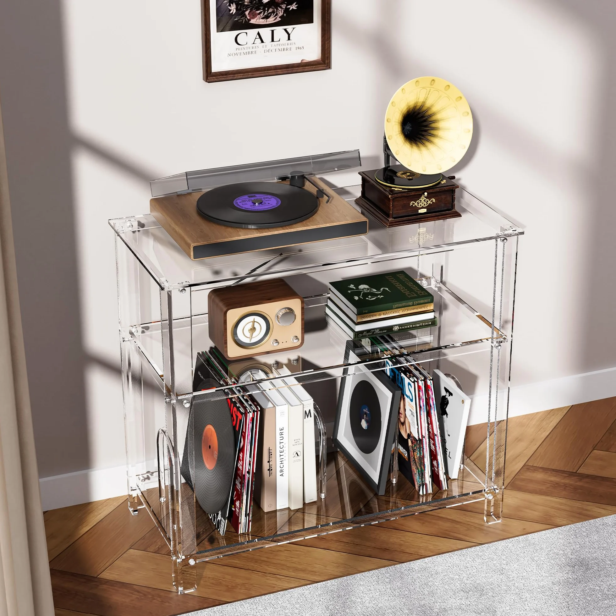 Mueble Tocadiscos, Acrilico Metacrilato, Soporte para Tocadiscos y Vinilo, Transparente, 80 x 40 x 74 cm