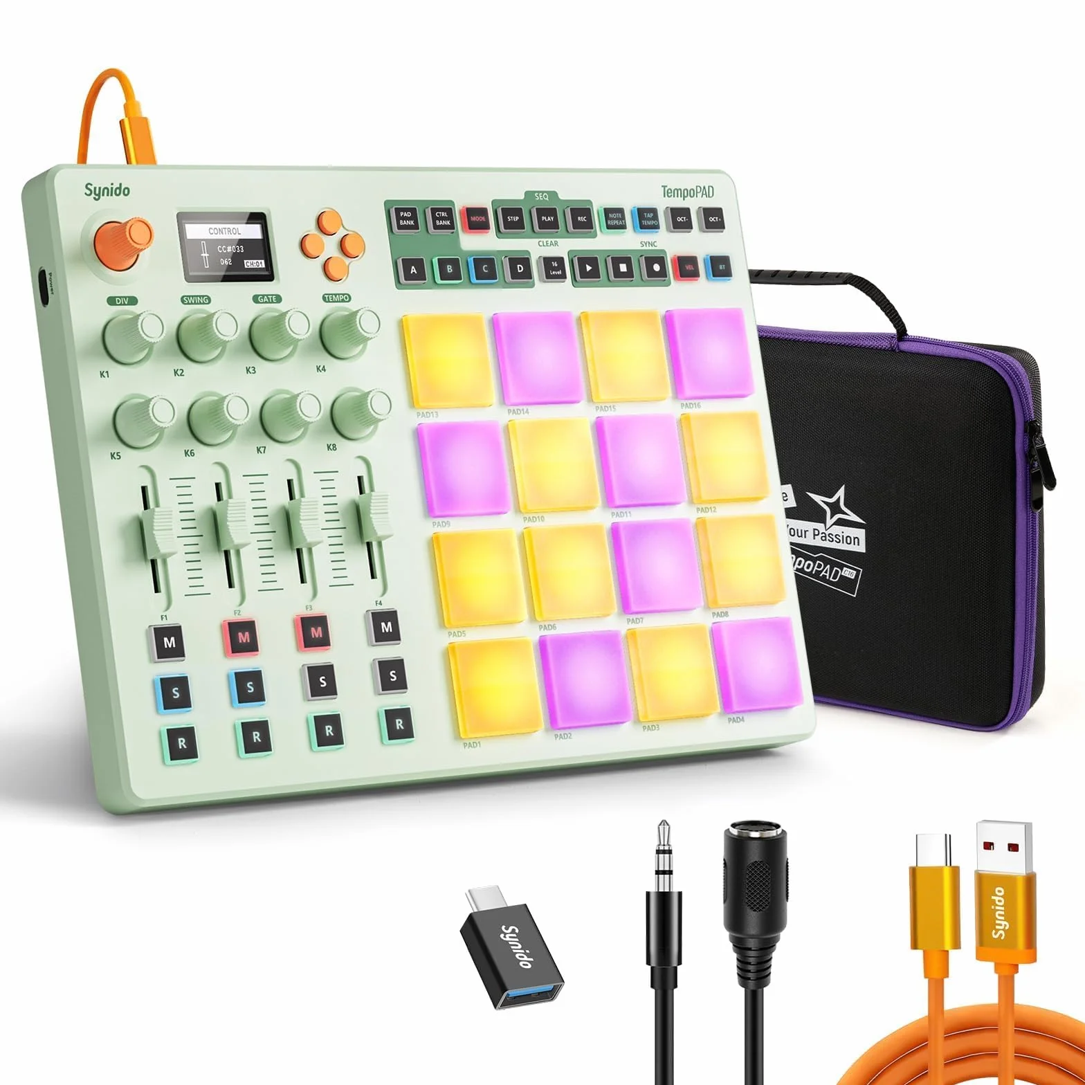 Synido Controlador inalámbrico MIDI Pad, máquina de creación de ritmos recargable por USB para producción musical profesional con 16 RGB Beat Pad, pantalla OLED, secuenciador de 16 pasos, entrada