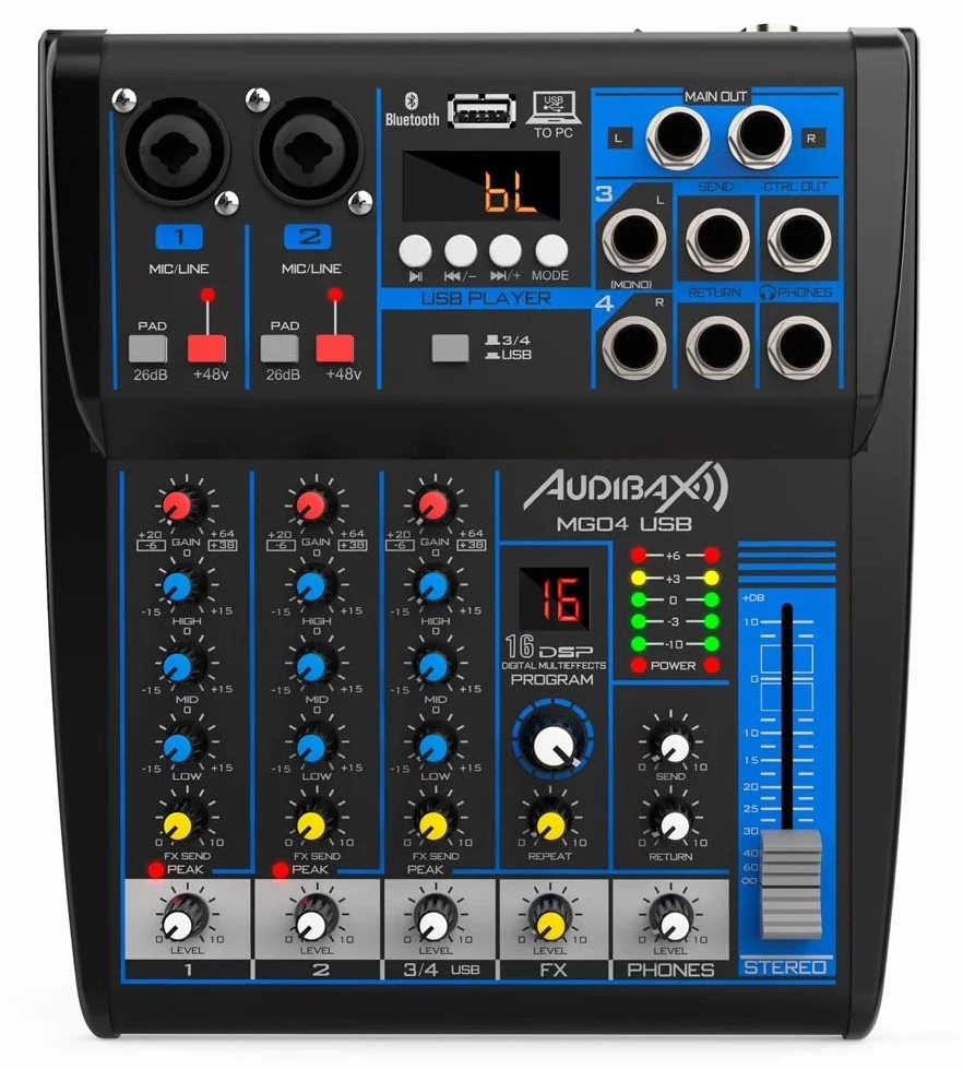 Audibax MG04 USB Mesa Mezclas con 4 Canales Bluetooth, MP3, USB Rec y Efectos