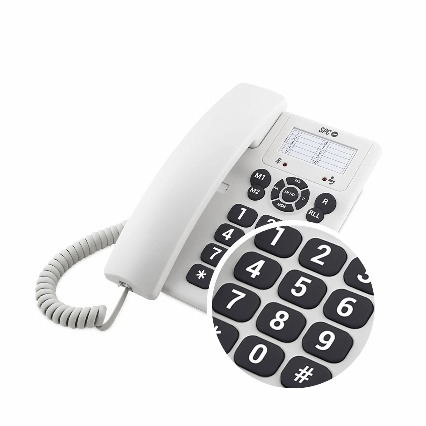 SPC Original Telefono Fijo Sobremesa Pared Teclas Grandes 3 Memorias Directas Volumen Timbre Extra Alto Blanco