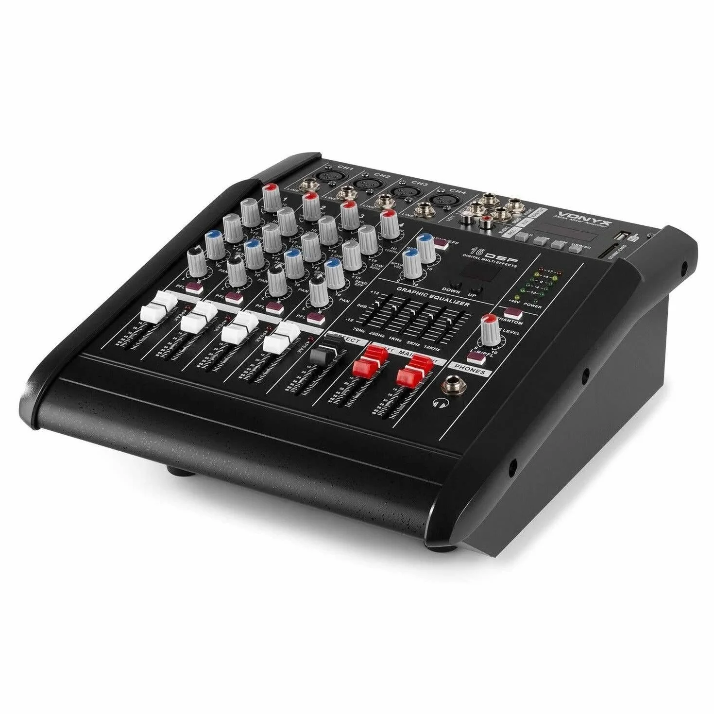 VONYX AM5A Mezclador de 5 canales con amplificador incorporado,DSPde efectos, Bluetooth para transmitir audio inalámbricamente, puerto SD y USB para MP3, amplificador interno de 500W x 2 a 8 ohmios