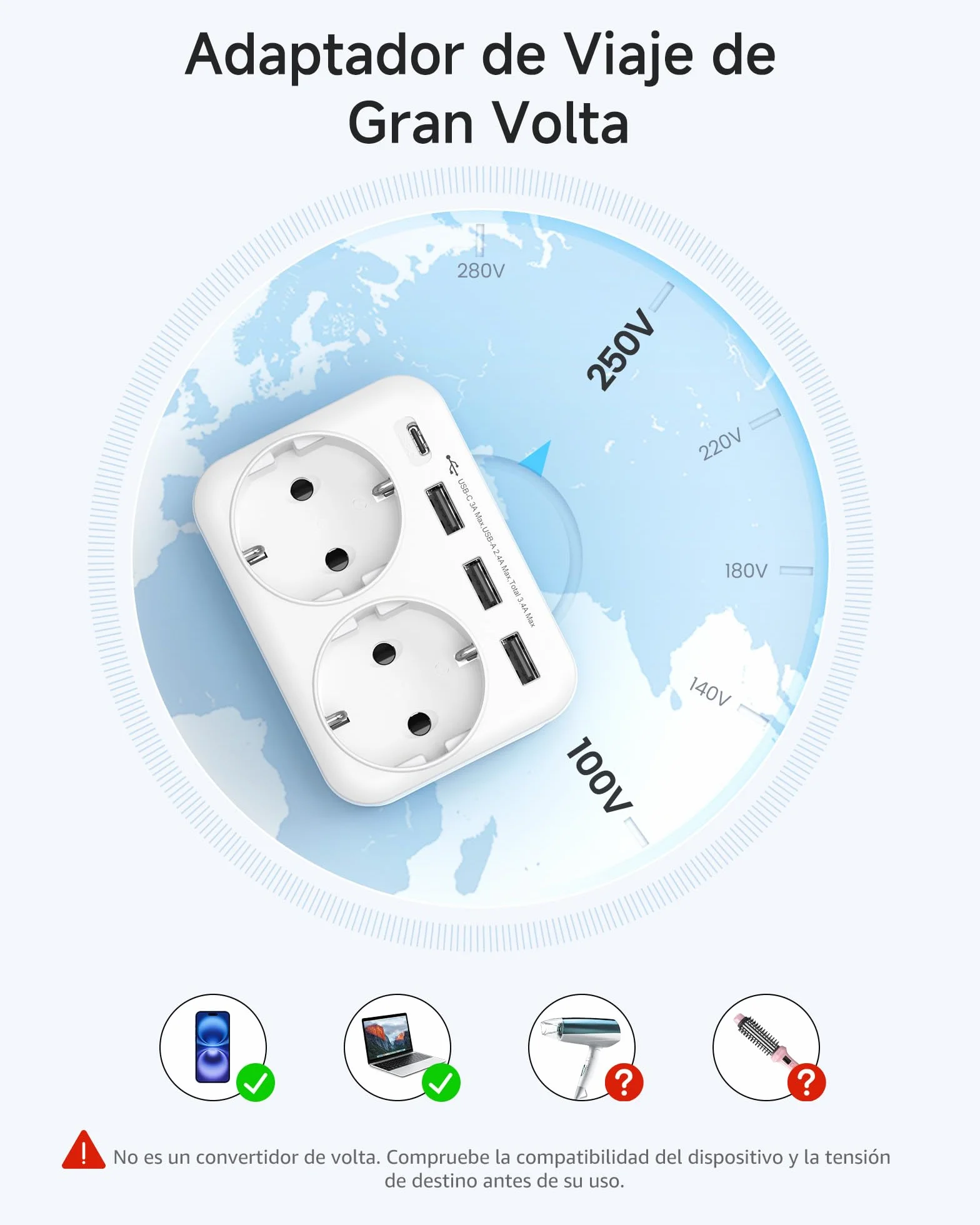 LENCENT Adaptador Enchufe USA/EE.UU, Adaptador Americano de Viaje con 3 Puertos USB y 1 Puerto USB-C, Europa Español 2-Pin a 3-Pin EEUU para México, Canada, Tailandia, Perú, Colombia, Tipo B Blanco